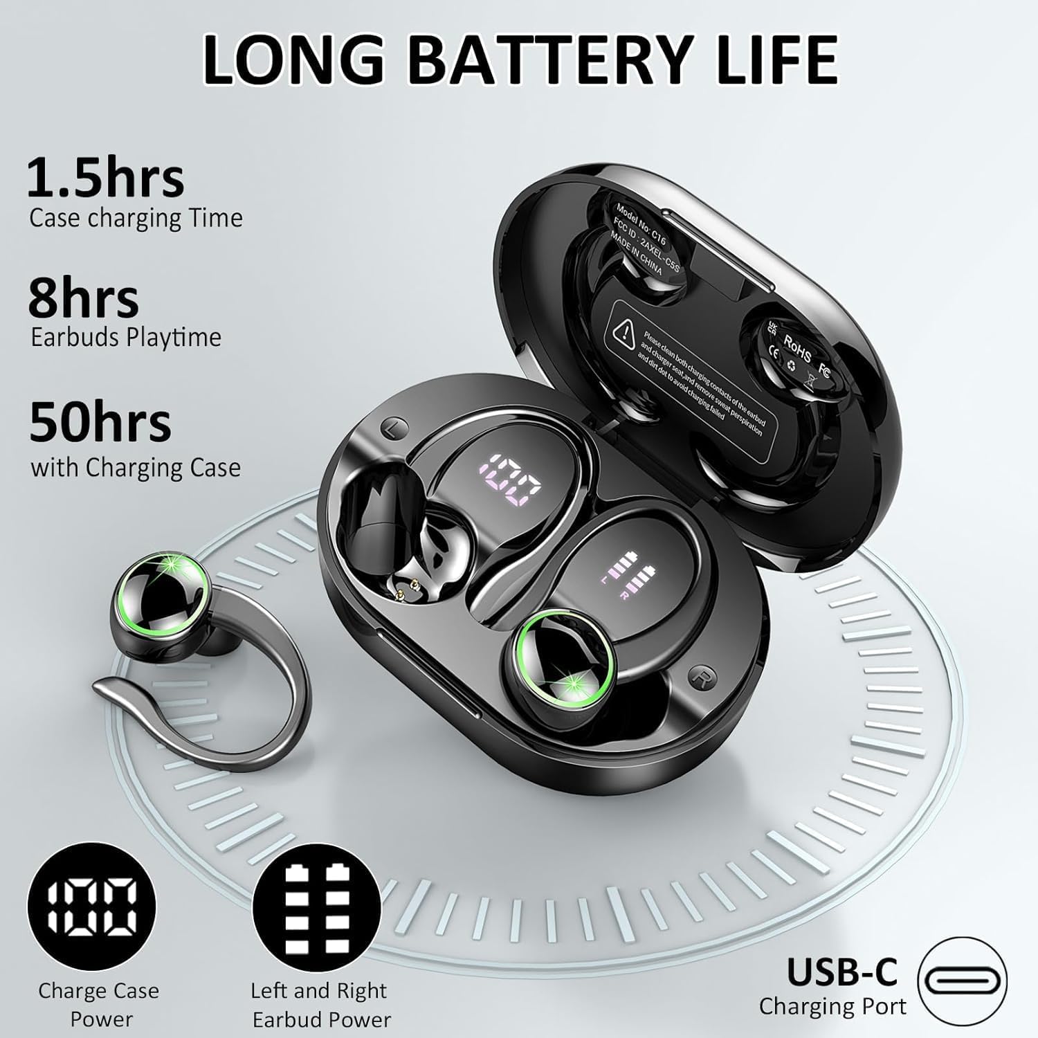 Cuffie Bluetooth 5.4, Auricolari Bluetooth Sport con 3D Bass Hifi Stereo, 50 Ore Cuffie Wireless In Ear Cancellazione Rumore ENC e 4 HD Mics, IP7 Impermeabile Cuffie Senza Fili, Cuffiette LED Display