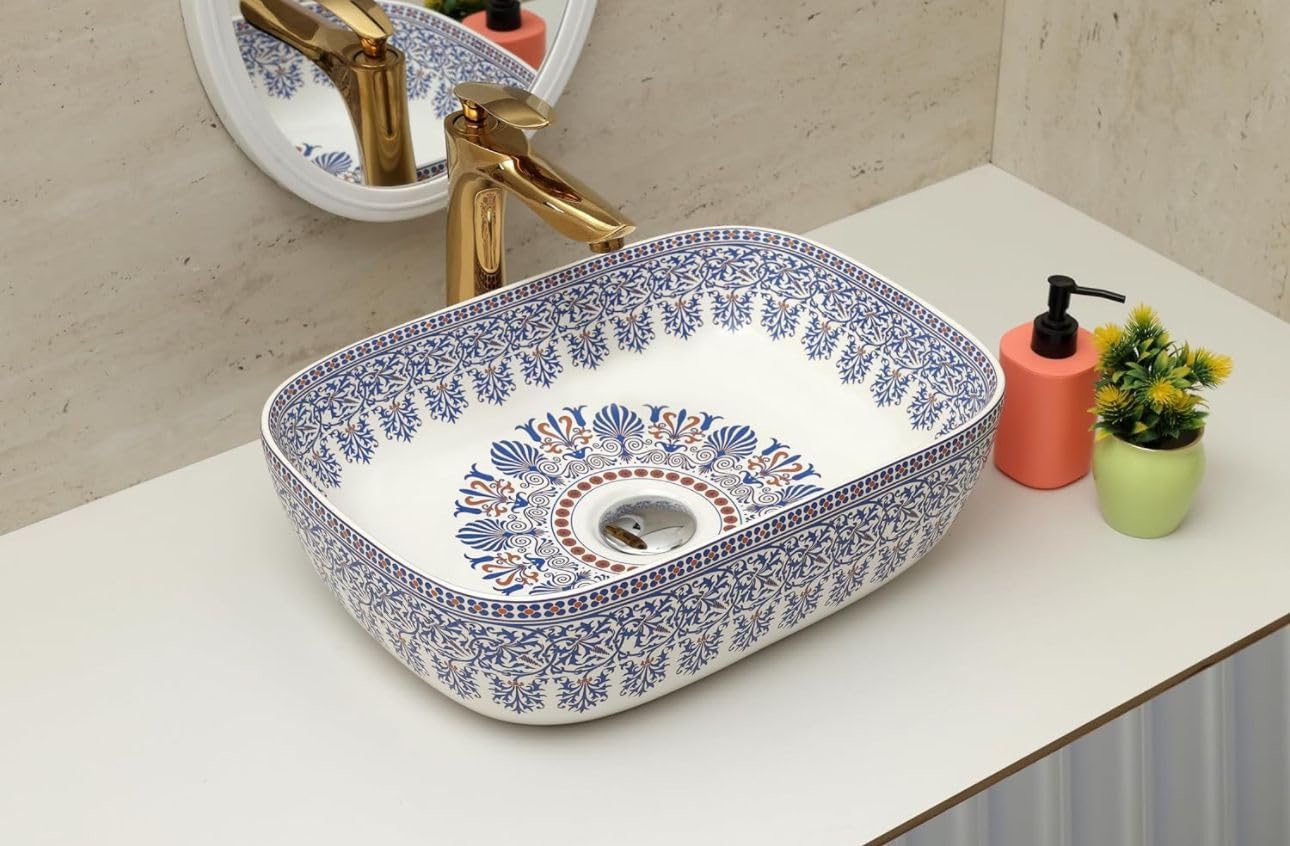 CLUSTER Designer Table Top Wash Basin For Bathroom | Ceramic Bathroom Sink | Over Counter Moroccan Design Wash Basin for Hotel, Resturent (18 x 13 x 5.5 Inch) (Moroccan Design 4)