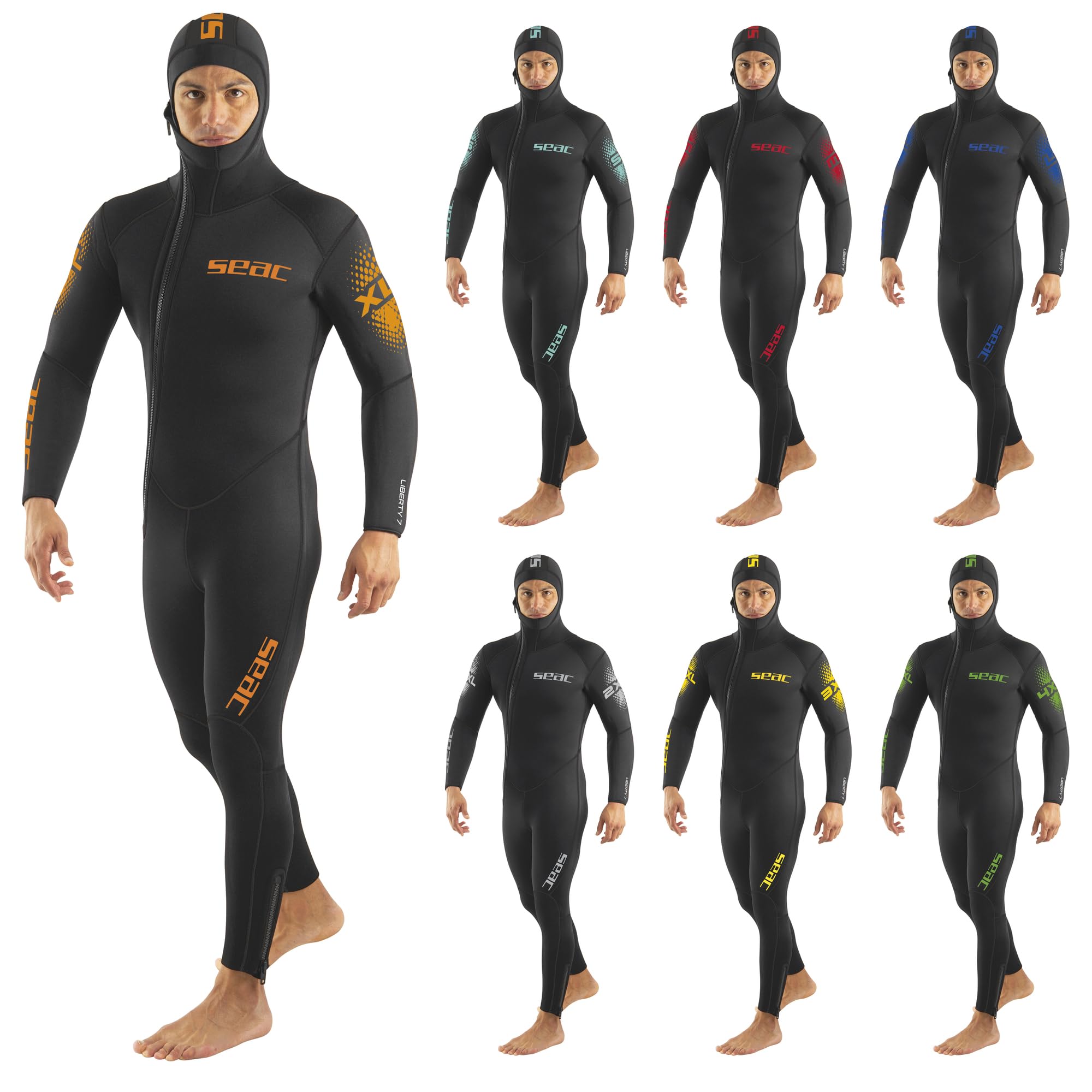 SEAC Liberty Long Man – Muta Umida Monopezzo da Uomo da 7 e 5 mm con Cappuccio Integrato – Neoprene Resistente con Rinforzi Supratex su Ginocchia, Spalle e Fondo Schiena – Taglie a Colori