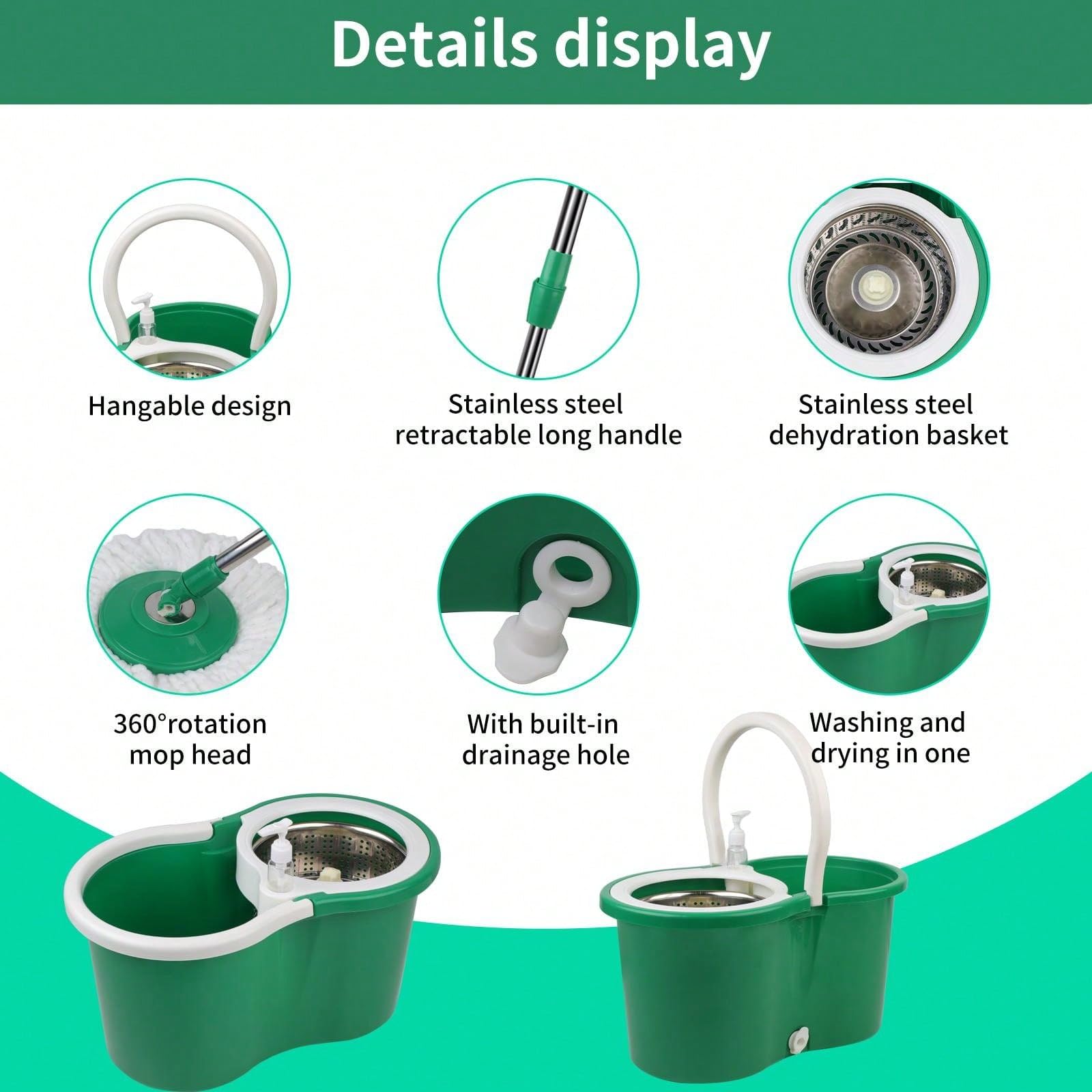 Mopa giratoria y cubo con juego de escurridor, sistema de cubo giratorio de 360° con 3 cabezales de repuesto de fregona de microfibra, mango ajustable para limpieza de suelos (verde)