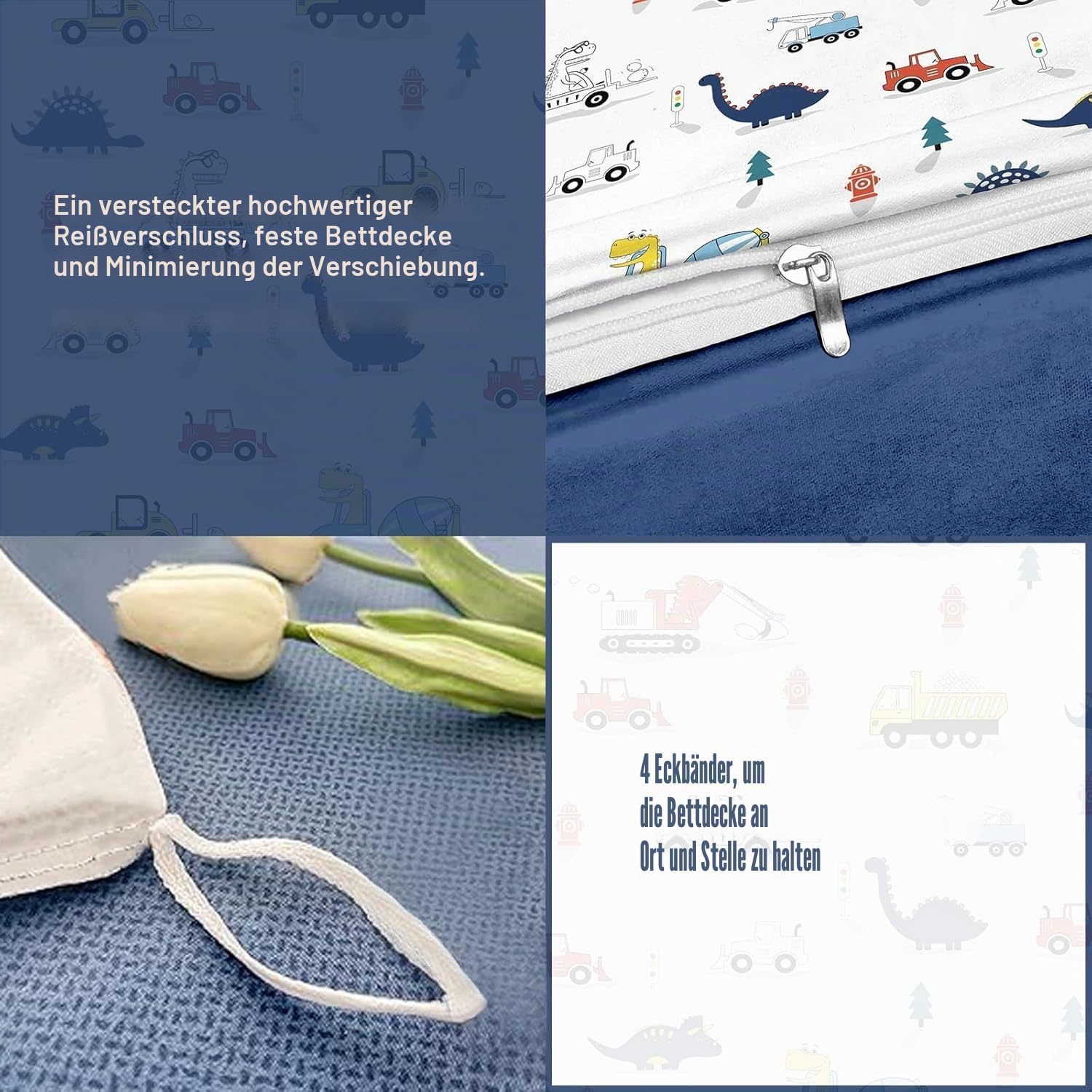 Bettbezug Dinosaurier 120x150 cm für Kinder Jungen Bettbezug Auto Reißverschluss, Bettwäsche aus Mikrofaser Bedruckt Geschenk Party Geburtstag mit Kissenbezug 40x60 cm