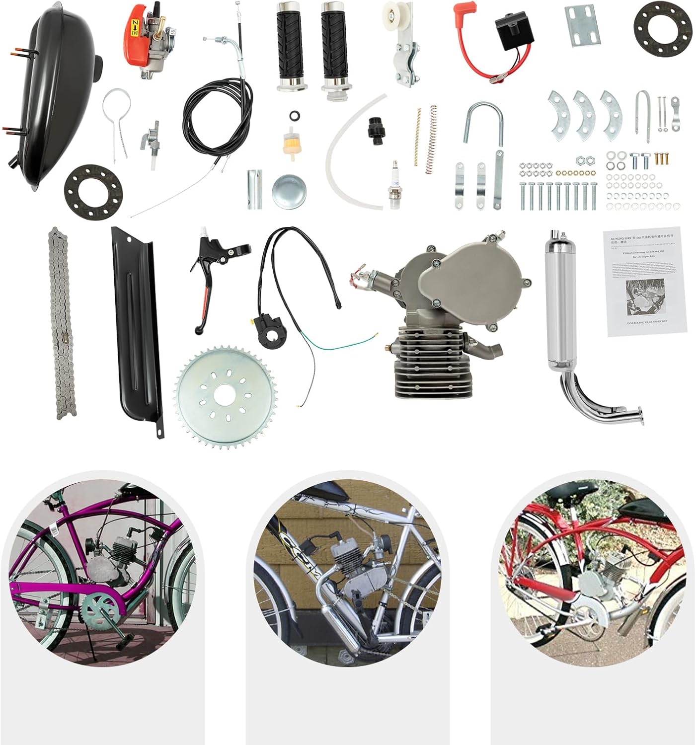 110CC Bicycle Engine Kit,2 Stroke Bicycle Engine Bike Motor Kit,Gas Motorized Bike Conversion Kit Full Set,Single-cylinder,2L/2.11qt Fuel Tank,for 26" to 28" Bicycles