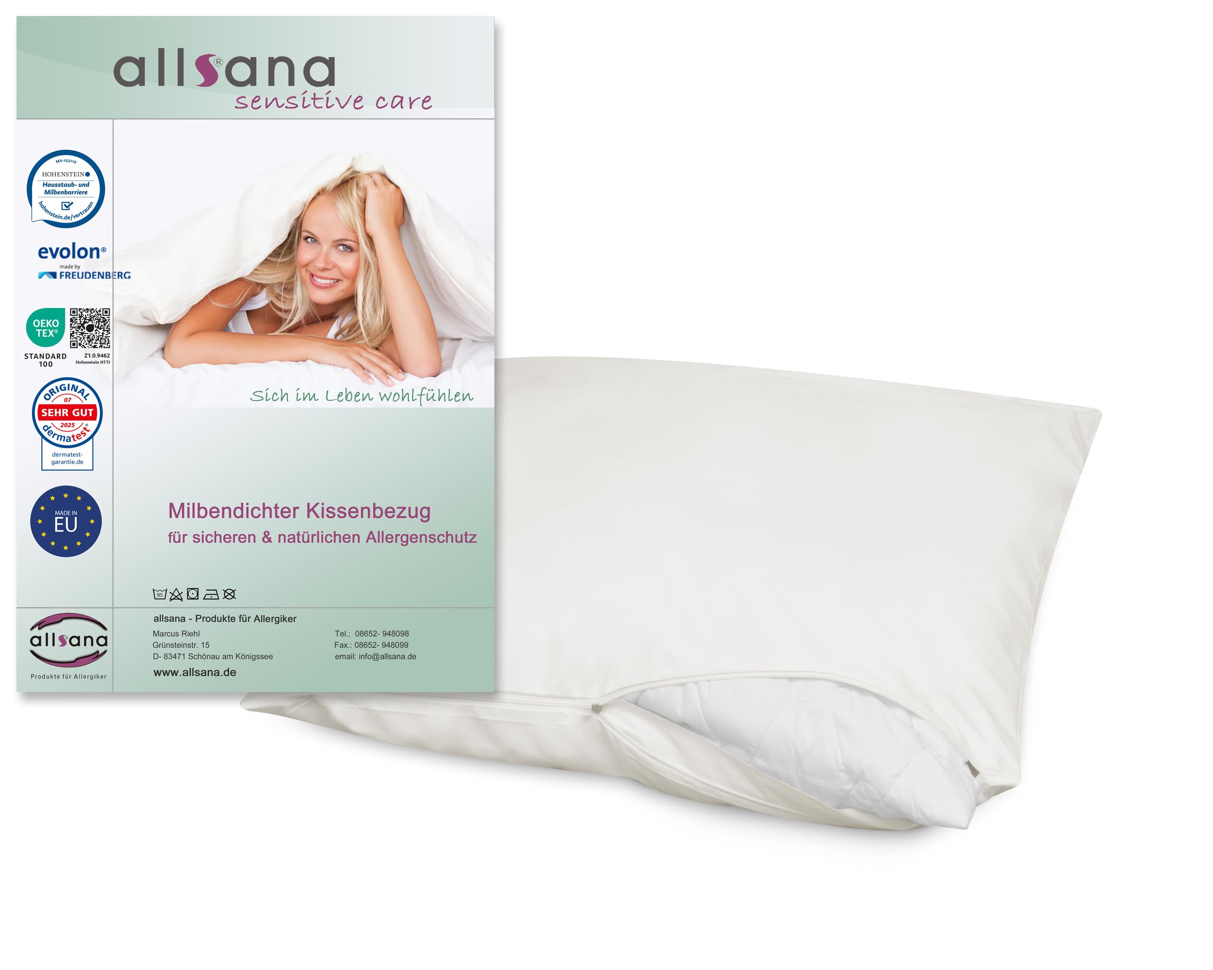Allsana Allergiker Kissenbezug 40x40 cm | Allergie Bettwäsche | Anti Milben Encasing | Milbenschutz für Hausstauballergiker | allergendichter Zwischenbezug für das Kopfkissen | Hohenstein zertifiziert