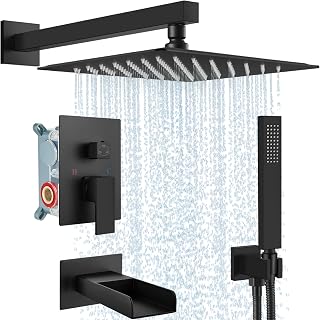 Midanya Rain Shower System Tub Shower Faucet Set Square Rainfall Waterfall Shower Head with Handheld Sprayer Tub Spout Combo Wall Mounted bathtub faucet set Rough-in Valve, 10 Inch Matte Black