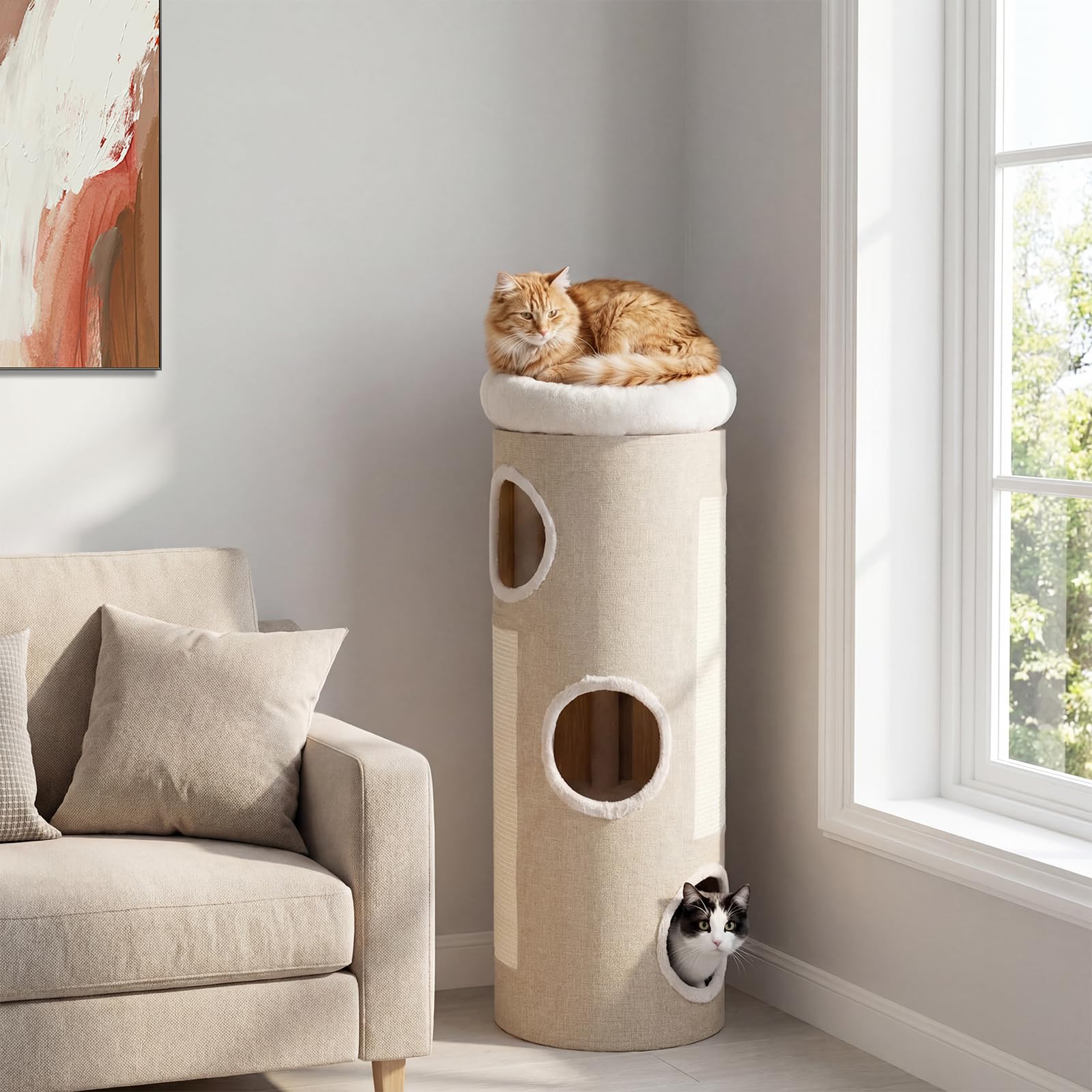 GYMAX Griffoir Dome 113cm avec Perchoir Souple, Tonneau à Griffer pour Chats, avec 3 Entrées, 2 Panneaux en Sisal à Gratter, Tissu Respirant, Matériau Intérieur Naturel