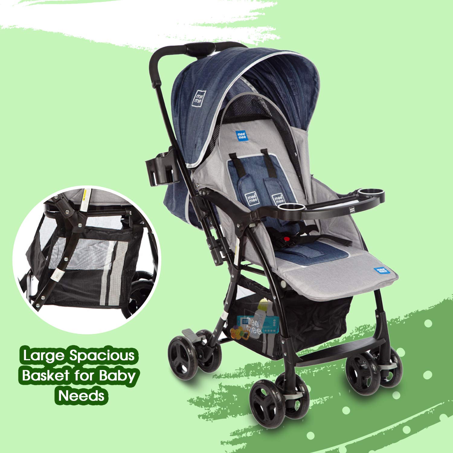 Mee Mee Baby Stroller & Pram for Babies of 0-3 Years | 5 Point Safety Harness Belt, 3 Recline Position, Foldable, Adjustable Canopy, Leg & Footrest with Large Basket | Easy to Carry (Blue) 2