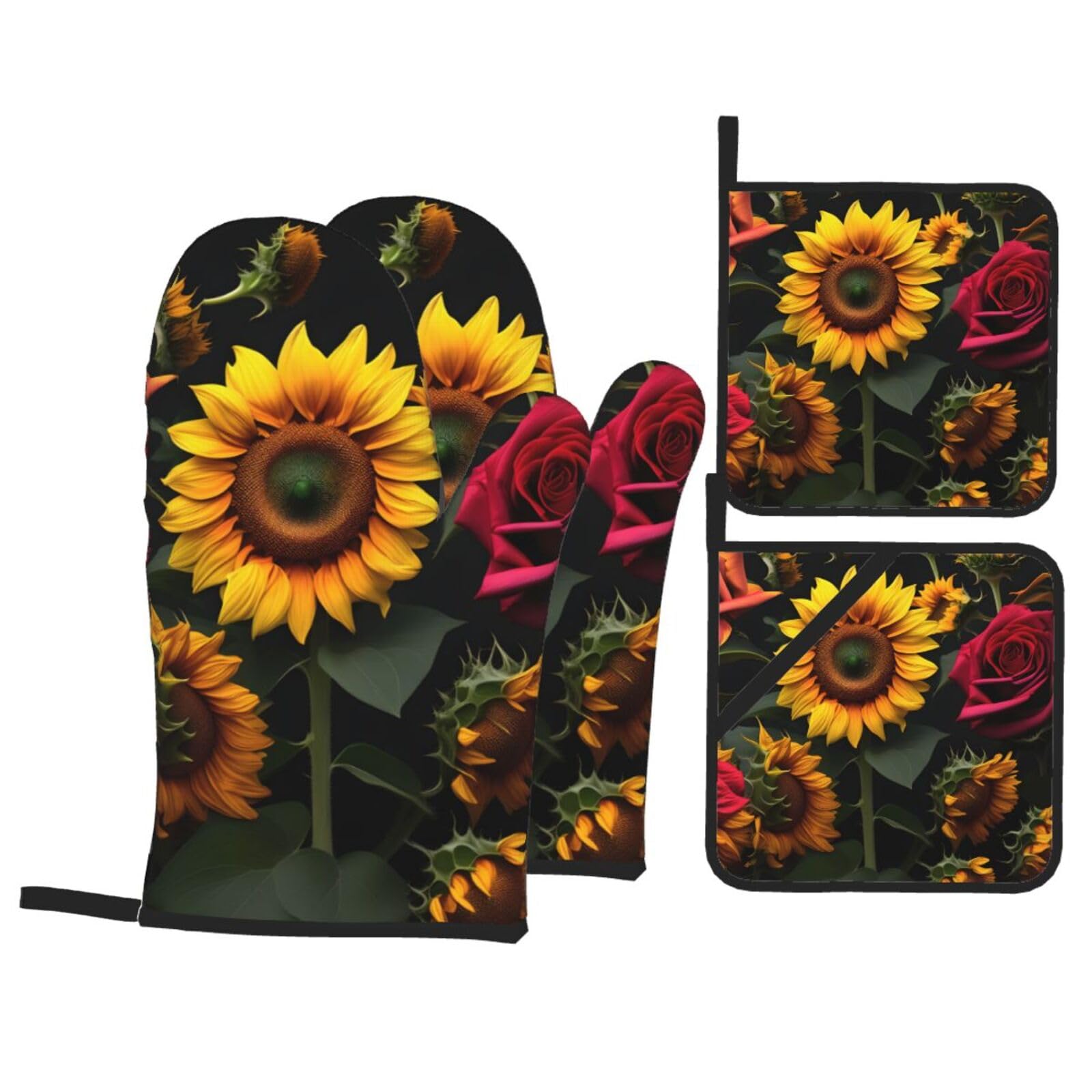Nimongt Black Sunflower Rose Print Heat-Resistant 4-Piece Oven Kitchen Gloves For Baking Cooking Microwaving Essentials
