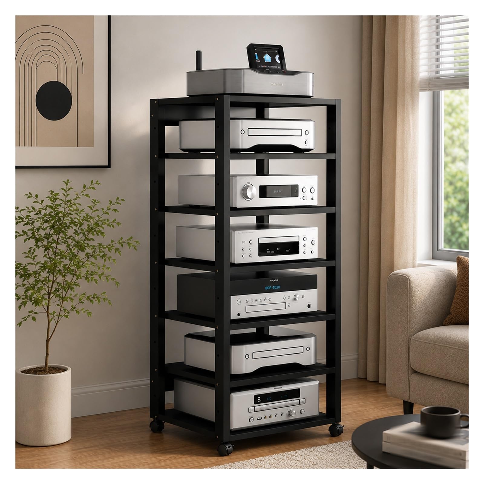 Meuble TV hi-fi 7 niveaux en métal noir robuste pour salon haut de gamme