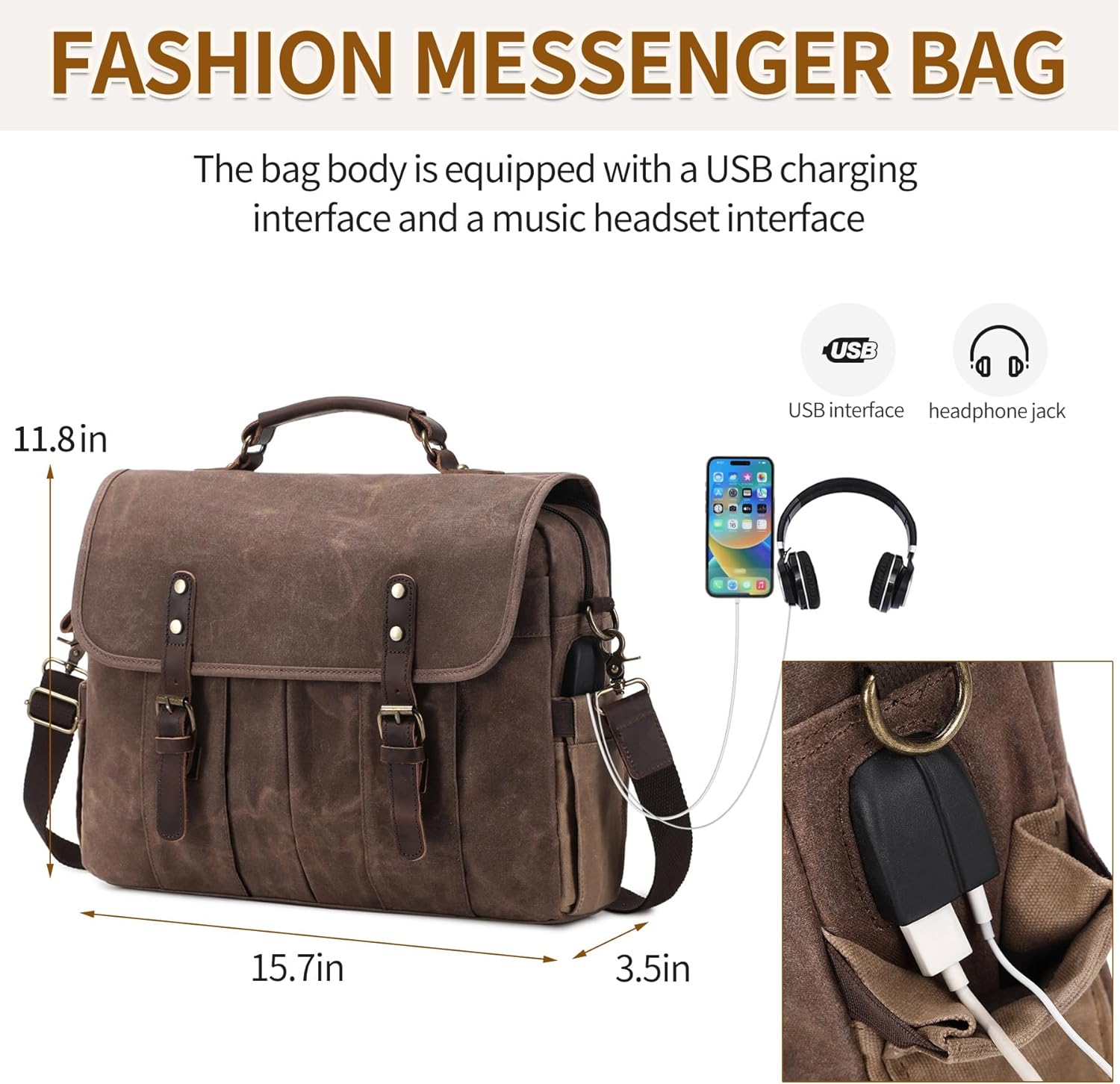 Messenger Bag for Men 15.6 Inch Vintage Canvas Genuine Leather Briefcase for Men Laptop Bag Satchel Shoulder Bag - Image 4