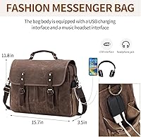 Vista 4 de Messenger Bag for Men 15.6 Inch Vintage Canvas Genuine Leather Briefcase for Men Laptop Bag Satchel Shoulder Bag Brown