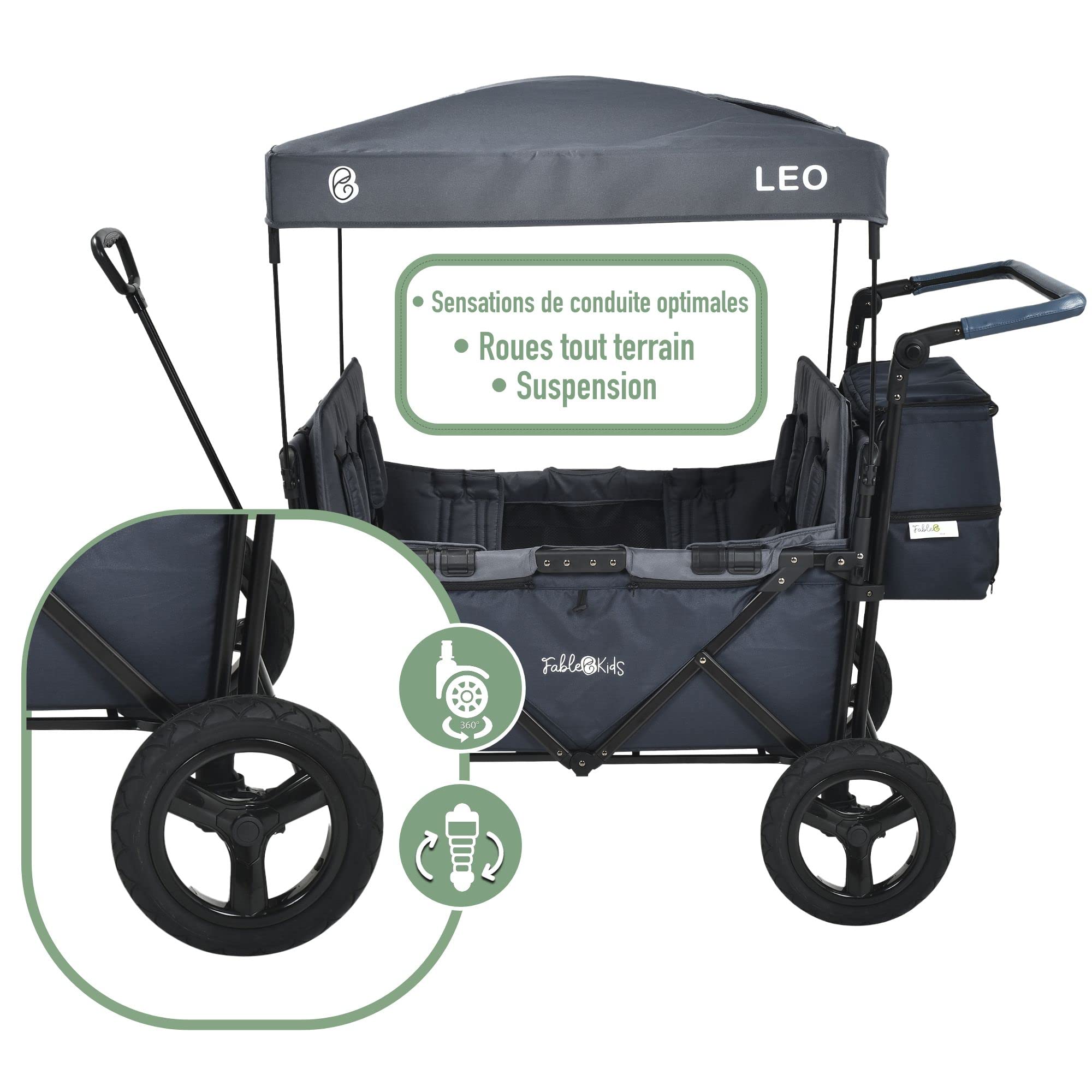FableKids Chariot à pédales Leo X4Plus avec Toit | Chariot de Transport Pliable | 4X Harnais à 5 Points | Roues Tout Terrain 360° | Frein à Pied | Oxford 600D| Filets d'aération | Blueberry Blue