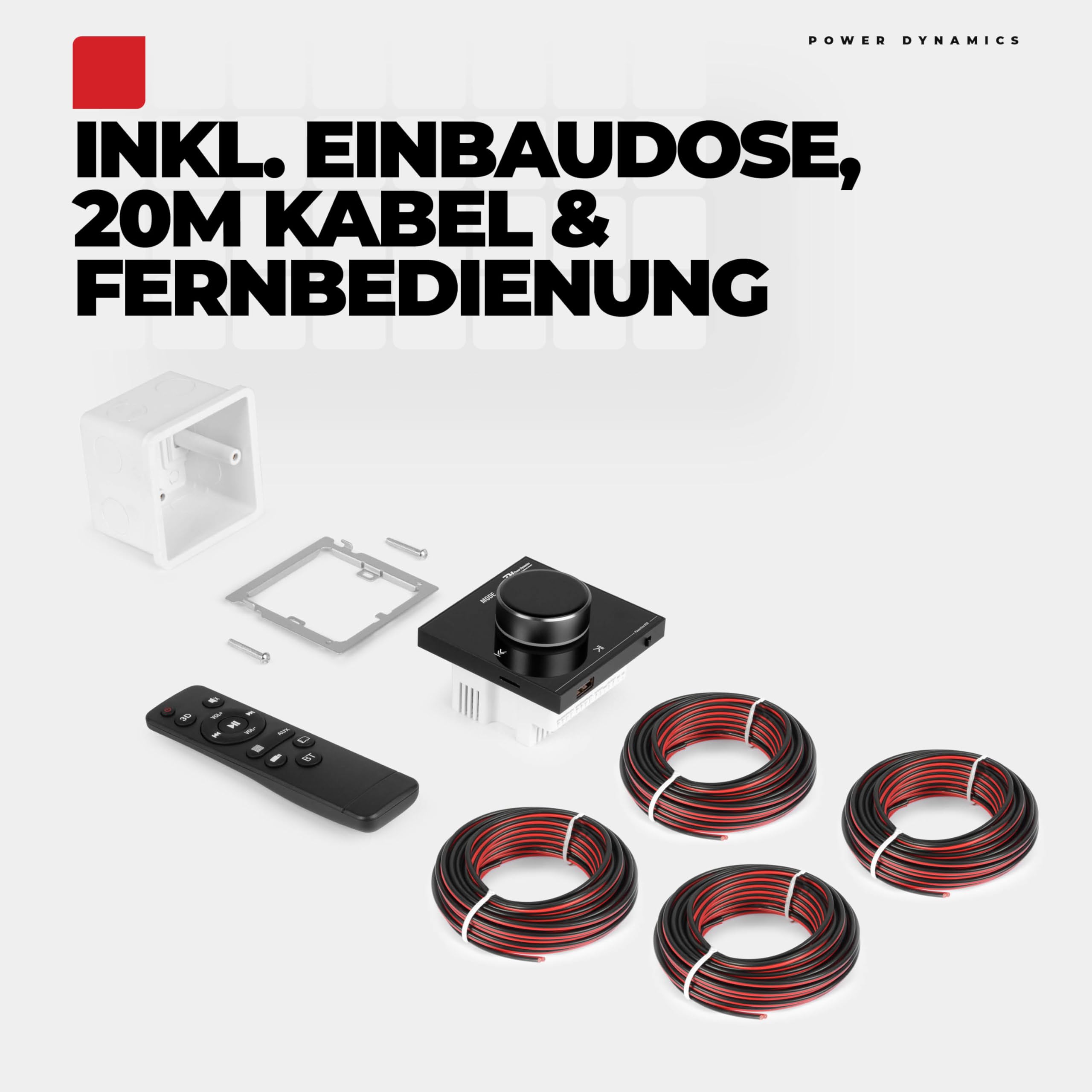 Power Dynamics B100B Bluetooth Deckenlautsprecher 4er Set - 4X Einbaulautsprecher 6,5" Schwarz – 100W Verstärker – Unterputzradio, 55mm Tief - Radio, USB & SD für Wohnzimmer, Büro, Gastro