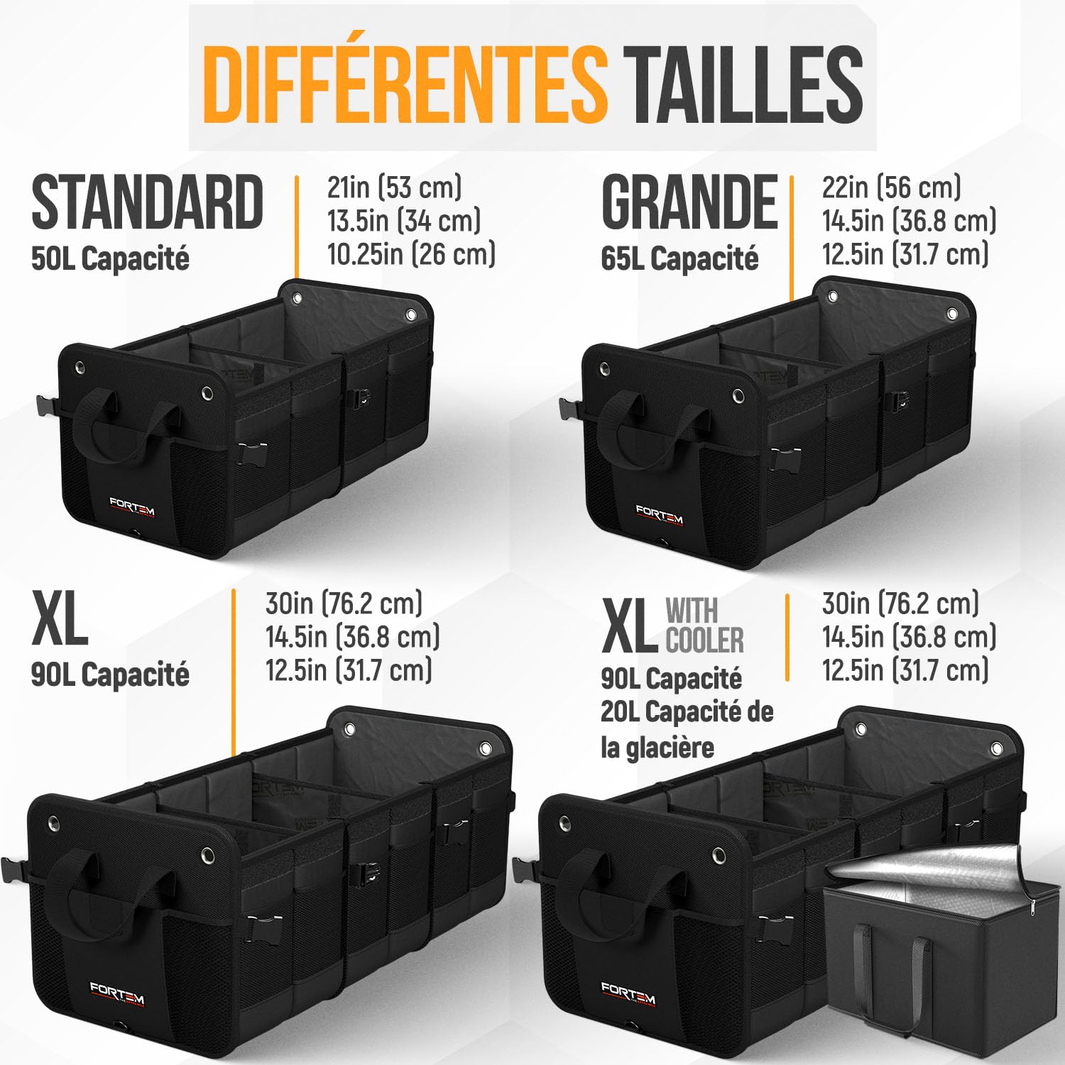 FORTEM Rangement Coffre de Voiture, Pratique et Spacieux, Boite Rangement voiture interieur pliable, Organisateur de Coffre Fond Antidérapant, Sangles de Sécurité et couvercle souple, Car Accessories