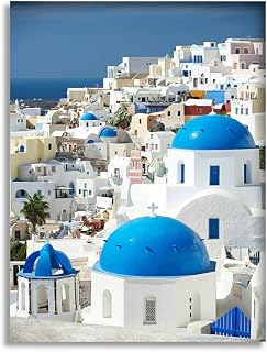 CLOGGS Bathroom Wall Art Decor Bathroom Pictures for Wall Artwork Oia Village Santorini Blue Greek Orthodox Church Domes Framed Canvas Wall Art for Bedroom Dining Room Farmhouse 16""x20""