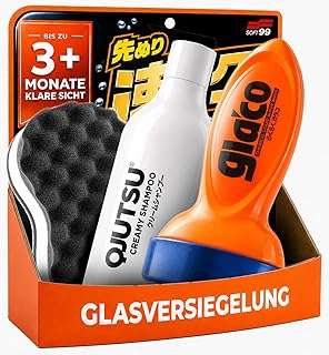 Glasversiegelung Set: Soft99 Glaco QAD (120ml) Scheibenversiegelung Auto + QJUTSU Creamy Shampoo (750ml) + Autoschwamm - Regenabweiser für verbesserte Sicht bei Regen | 3-teilig