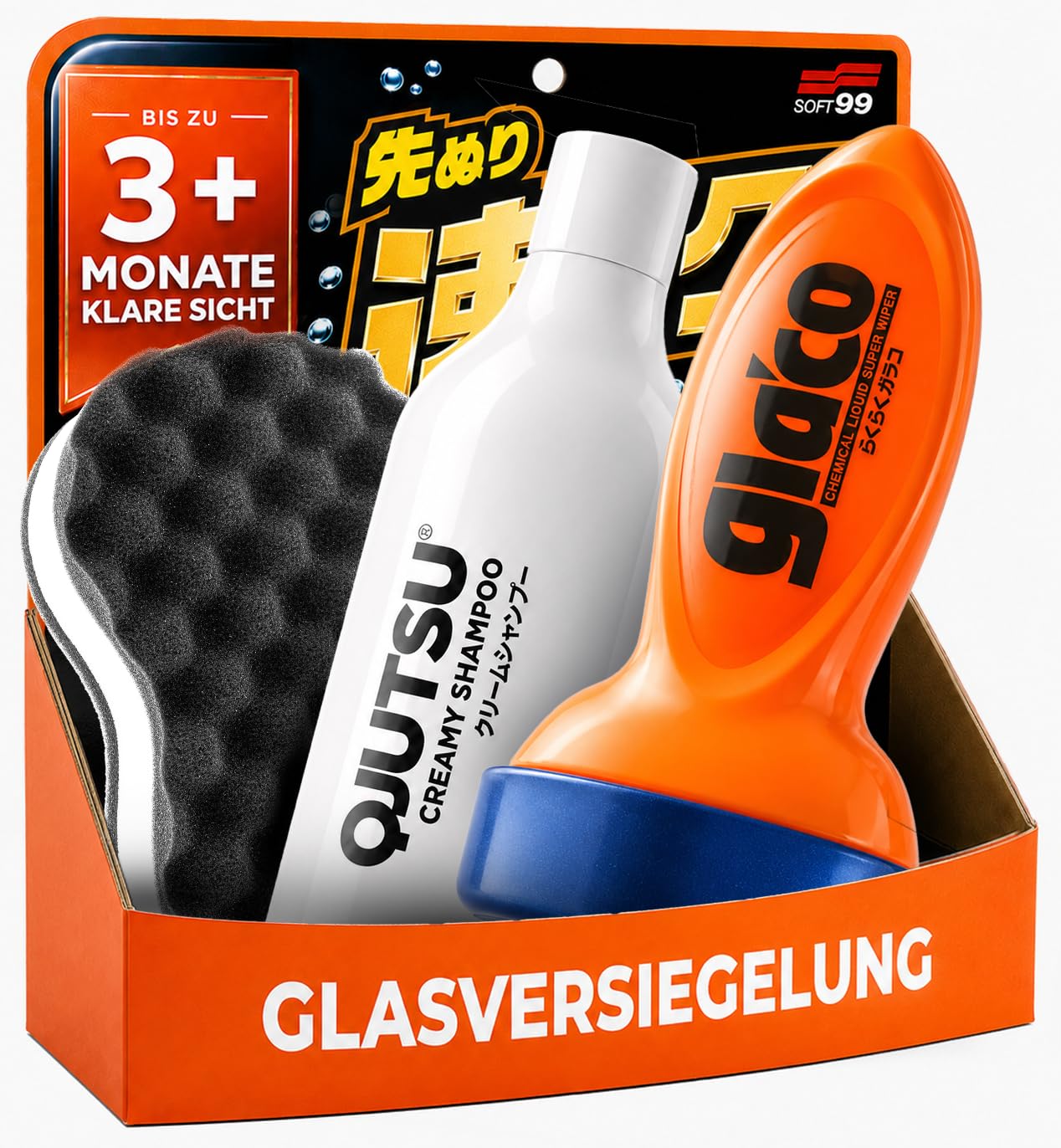 Glasversiegelung Set: Soft99 Glaco QAD (120ml) Scheibenversiegelung Auto + QJUTSU Creamy Shampoo (750ml) + Autoschwamm - Regenabweiser für verbesserte Sicht bei Regen | 3-teilig