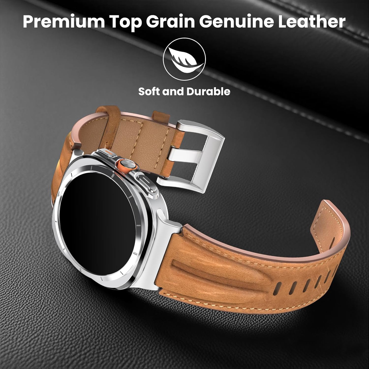 Top Grain Genuine Leather Band Compatible with Samsung Galaxy Watch Ultra Bands 47mm(2025/2024), Rugged Metal Connector Handcrafted Vintage Samsung Watch Strap for Men Women