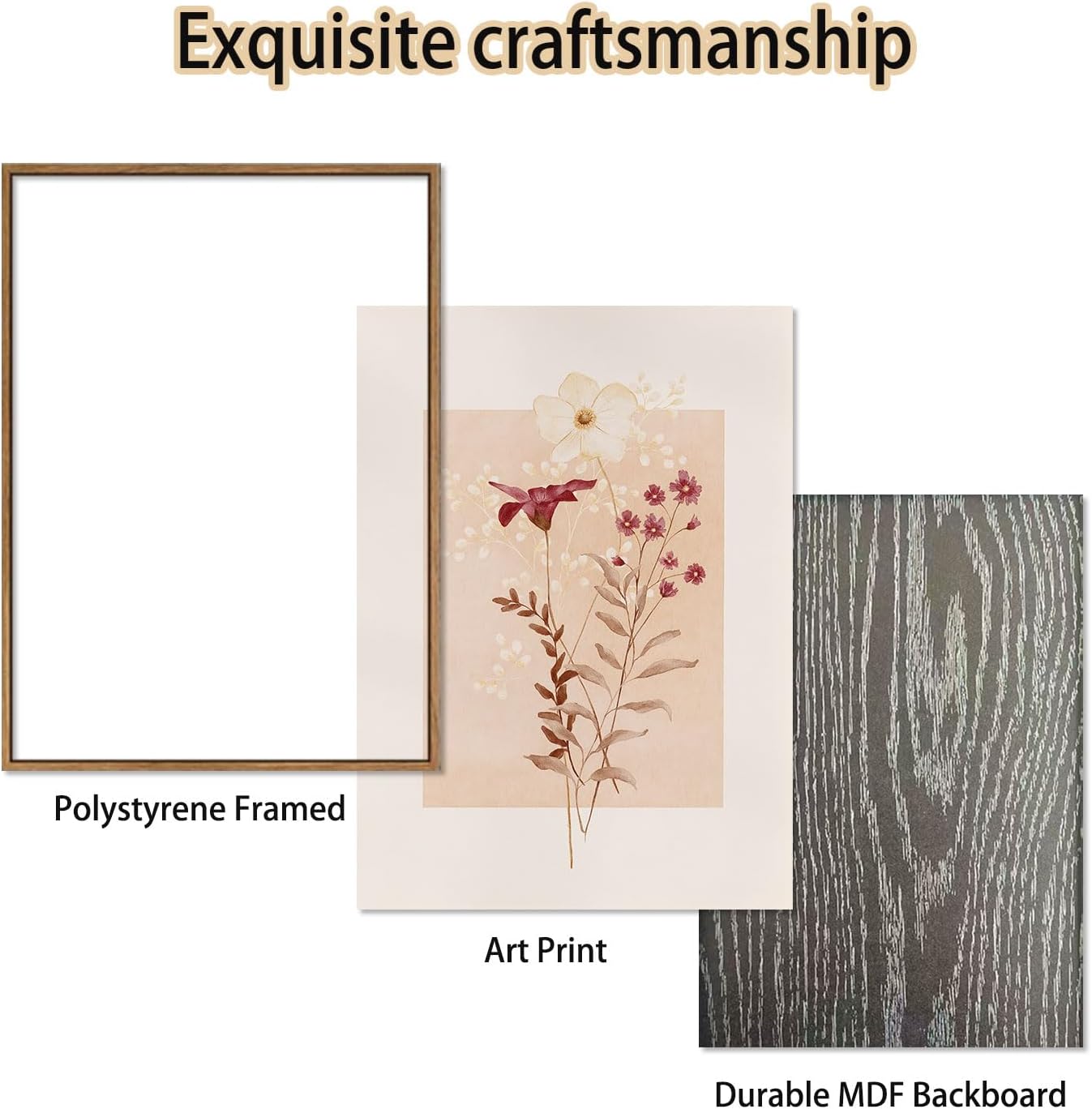 KISSFOX 3 Piece Framed Wall Art Botanical Wall Decor Pink Flower Pictures Wildflowers Canvas Art Watercolor Floral Paintings Minimalist Boho Artwork for Living Room Bedroom Bathroom