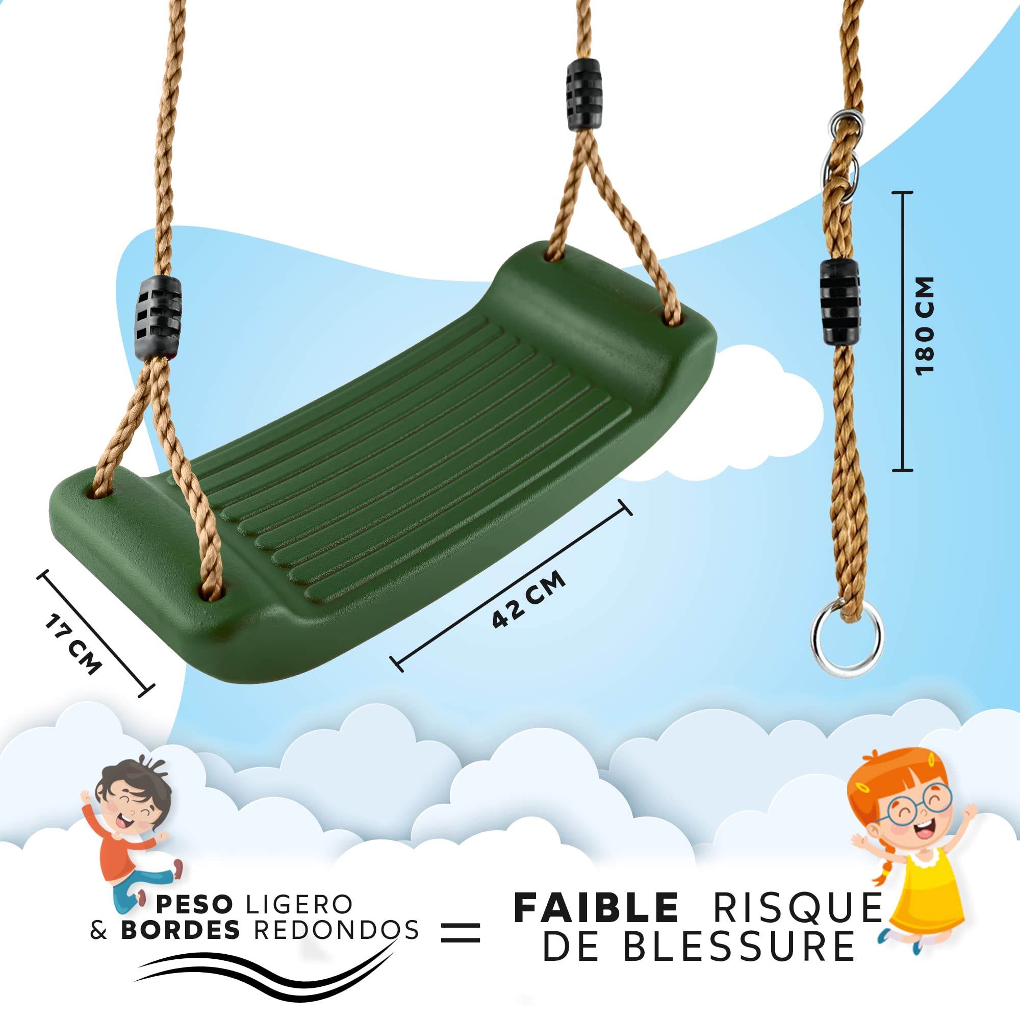 GO!Elements - Columpio para niños al Aire Libre - Asiento Columpio Interior - Cuerda Columpio, Asiento Columpio - Altura - Ajustable - Antideslizante - Color: Verde