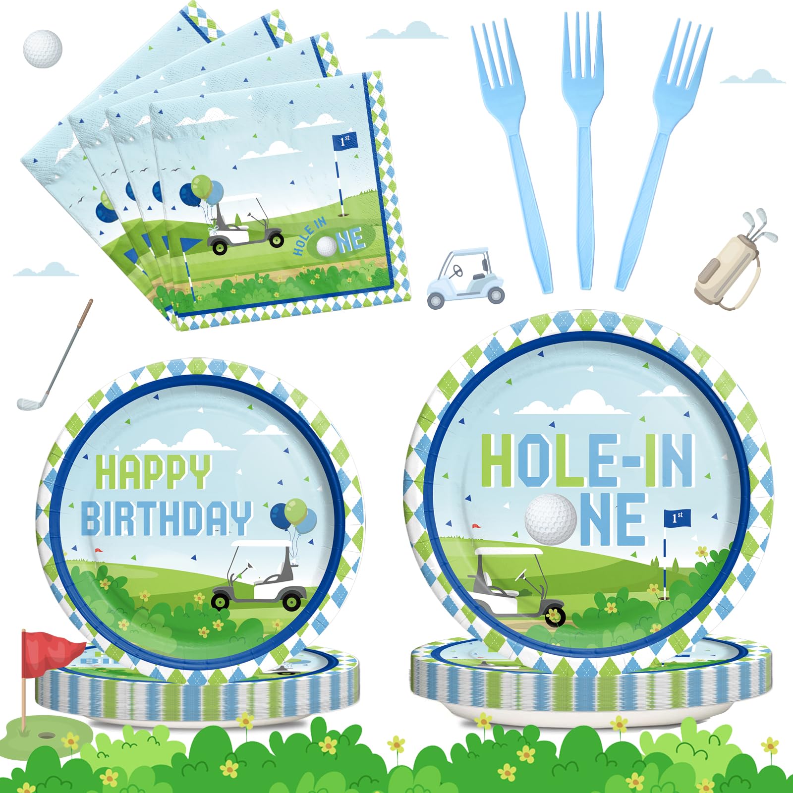 Hombae Hole in One Birthday Party Supplies Tableware Set, Golf First Birthday Decorations, 1st Birthday Party Decorations for Boys, Golf Themed Plates