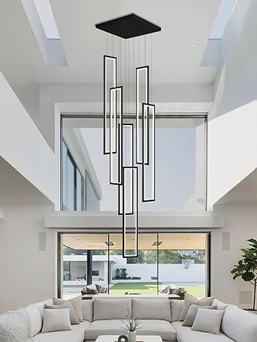 Flashing God Candelabro LED moderno de 6 anillas, color negro, grande, contemporáneo, para escalera, lámparas de techo alto regulables con control