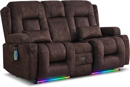 Brown LIFTSHA two-seater power recliner loveseat with console and LED lights