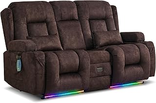 Zweisitzer Relaxsessel mit Liegefunktion, Fernsehsessel Elektrisch Verstellbar mit Heizung & Vibrierende Massage, TV Sessel Heimkino Sitze mit Multimedia Mittelkonsole, Samt, Braun | Wall Hugger, Doppelliege, Zero Gravity, Schublade