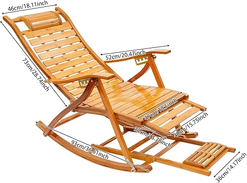 Miniatura 3 de Mecedora plegable de bambú, silla reclinable de patio con respaldo ajustable con almohada para reposacabezas, silla de playa al aire libre para