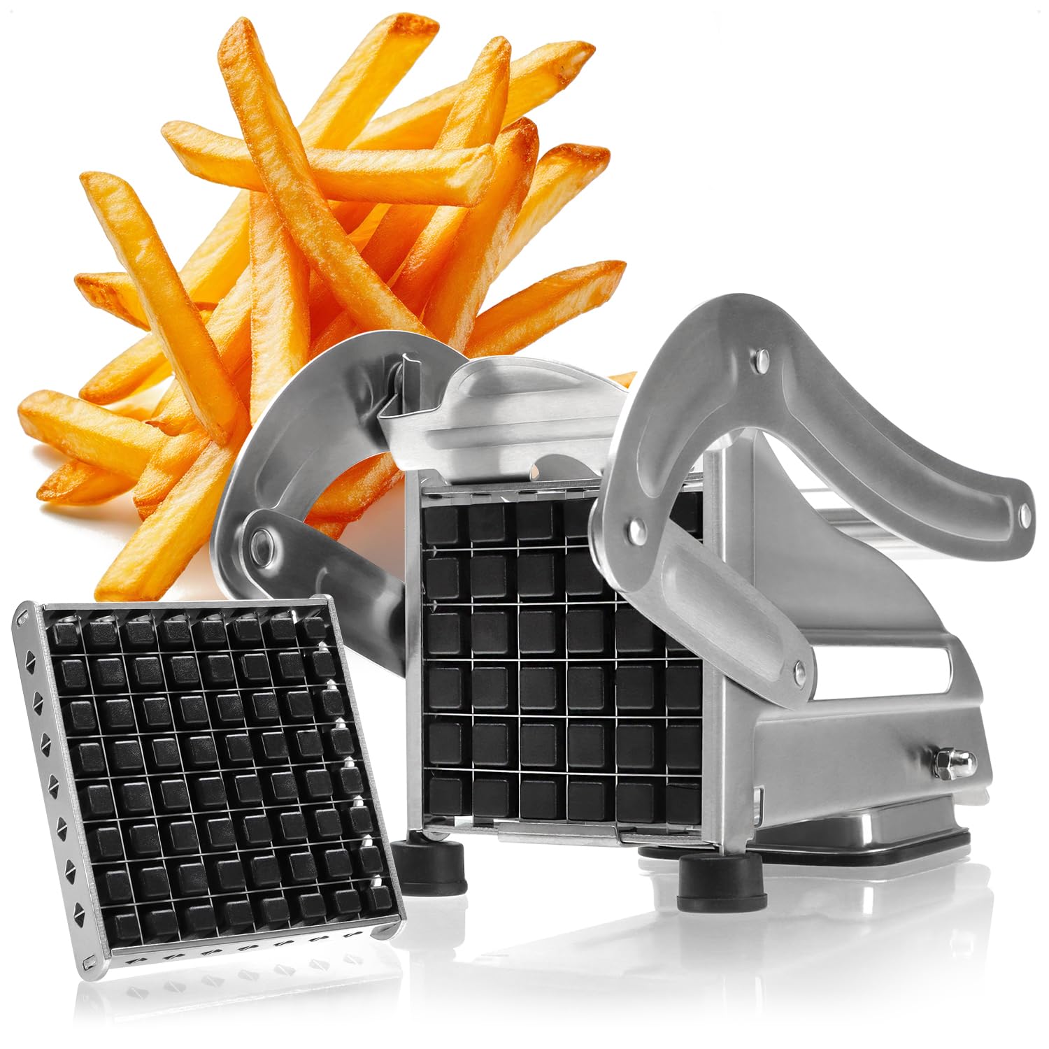 COM-FOUR® Tagliapatate - Tagliapatate in acciaio inossidabile - Pressa con 2 inserti da taglio - Tagliafrutta, verdura e formaggio, lavabile in lavastoviglie