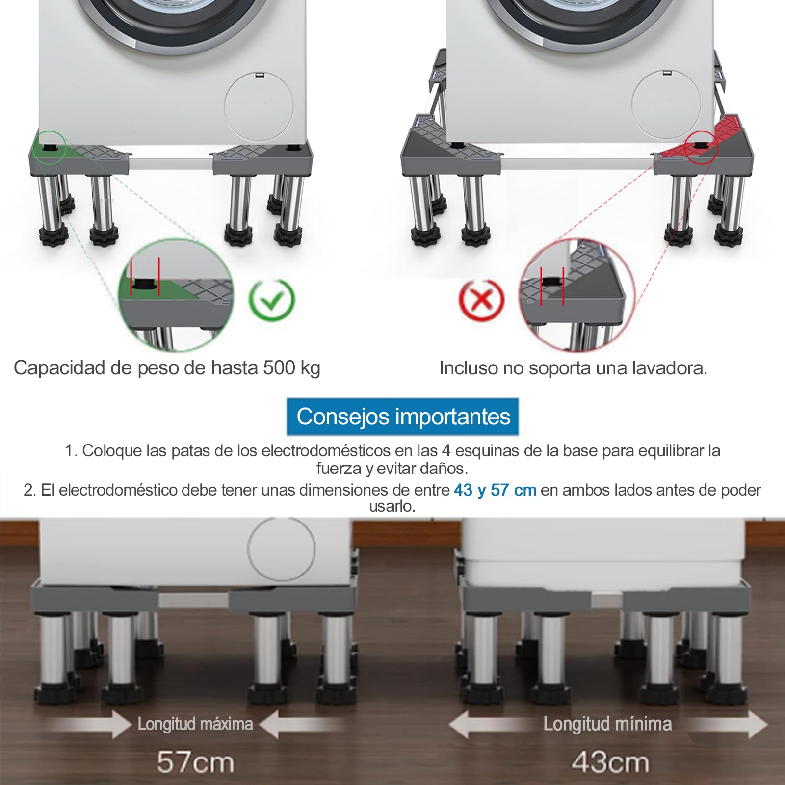 DEWEL Base de Lavadora 12 Pies, Longitud Ajustable 43-57 CM, Altura 18-20 cm, Capacidad de Carga 500 KG Base de Lavadora Ajustable, Adecuada para Secadoras, Refrigeradores y Congeladores