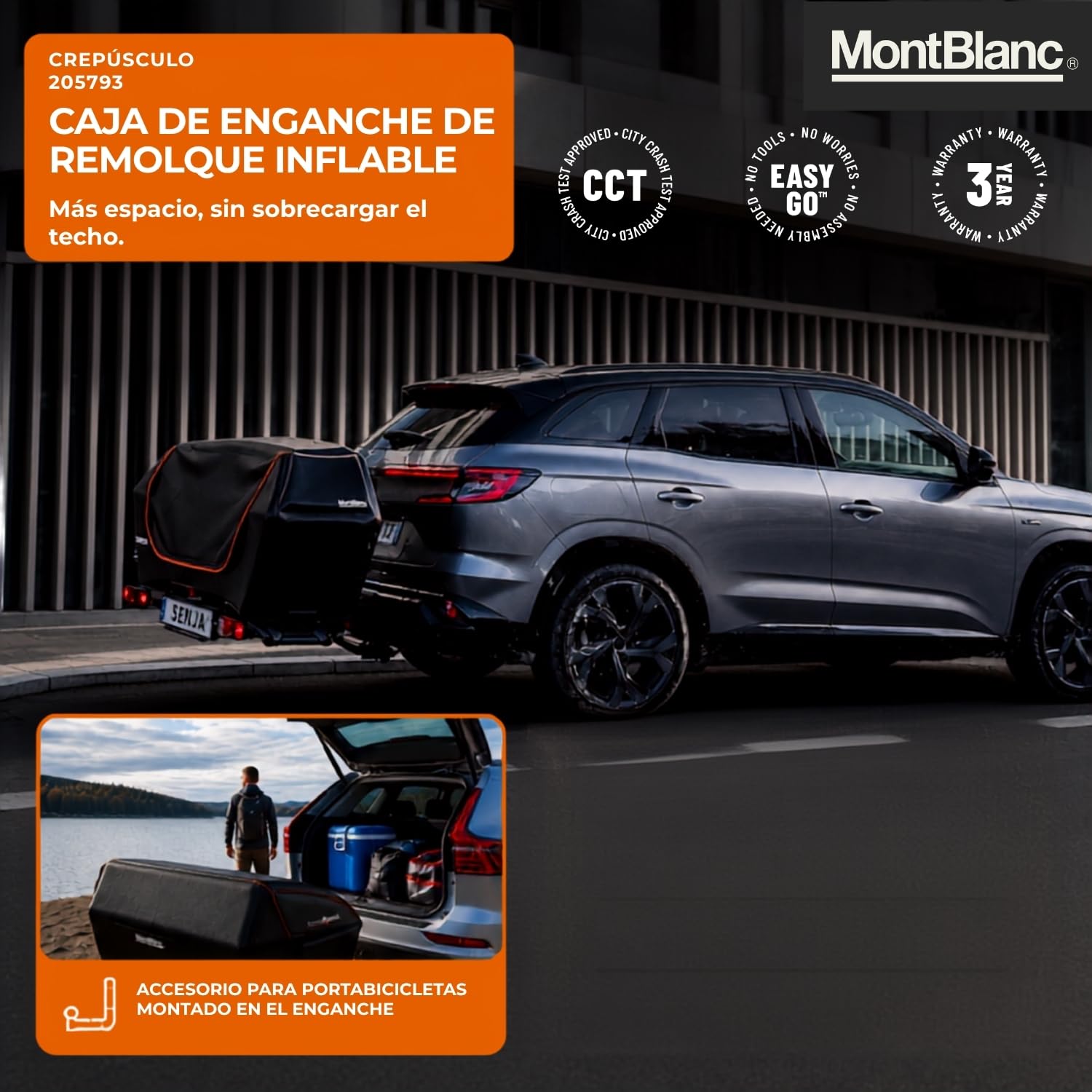 Mont Blanc Cofre de Enganche Hinchable Senja - 76 a 300 L, Carga 48 kg | Cofre trasero sobre enganche, compatible con portabicicletas. Impermeable, dropstitch, 76 a 300 litros, carga 48 kg.