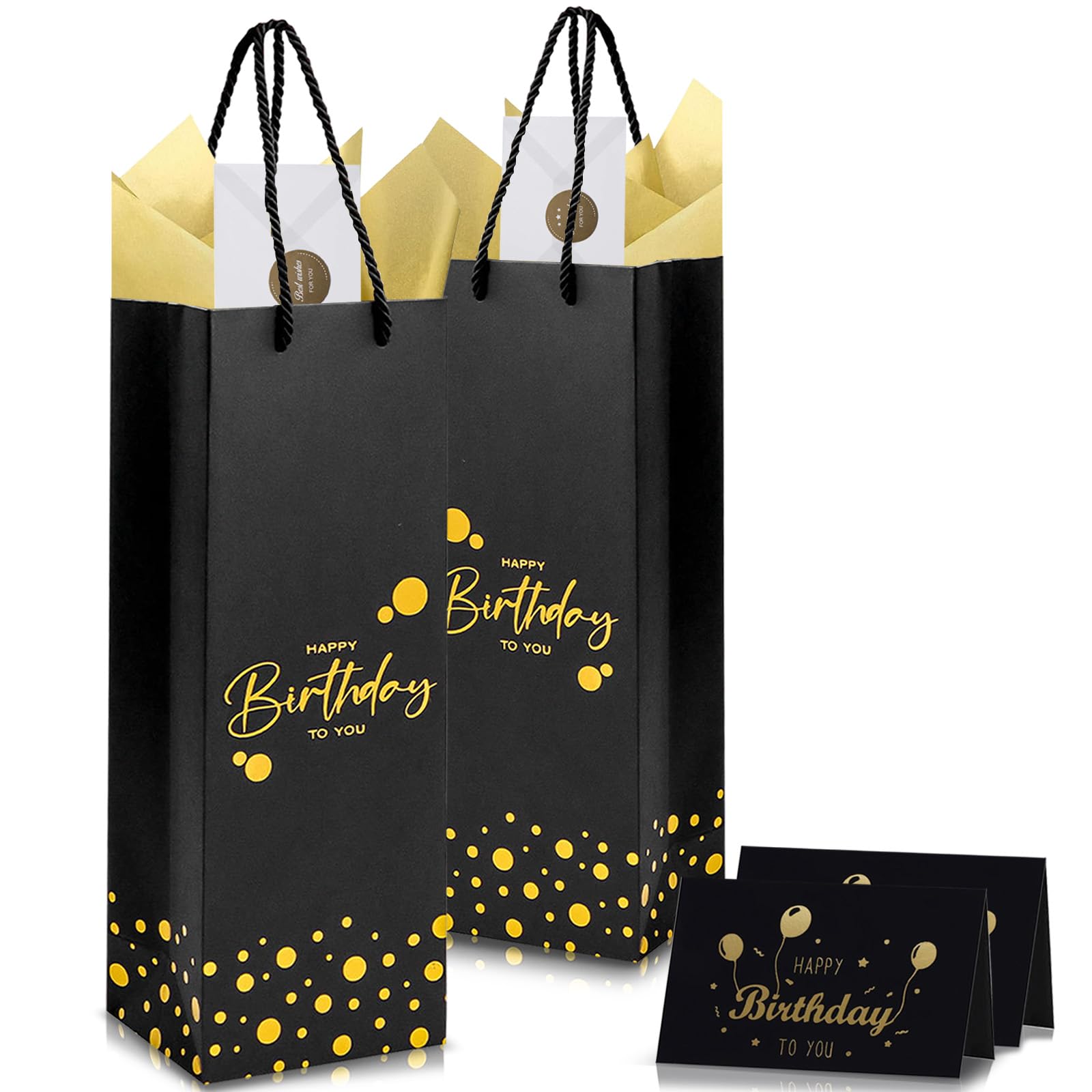 2 Pack Birthday Gift Bags for Bottles, Black Wine Gift Bags with 4Pcs Tissue Paper & 2Pcs “Happy Birthday” Gift Cards, Spirits Tote Bag Bottle Bags for Man Women Birthday Party Supplies