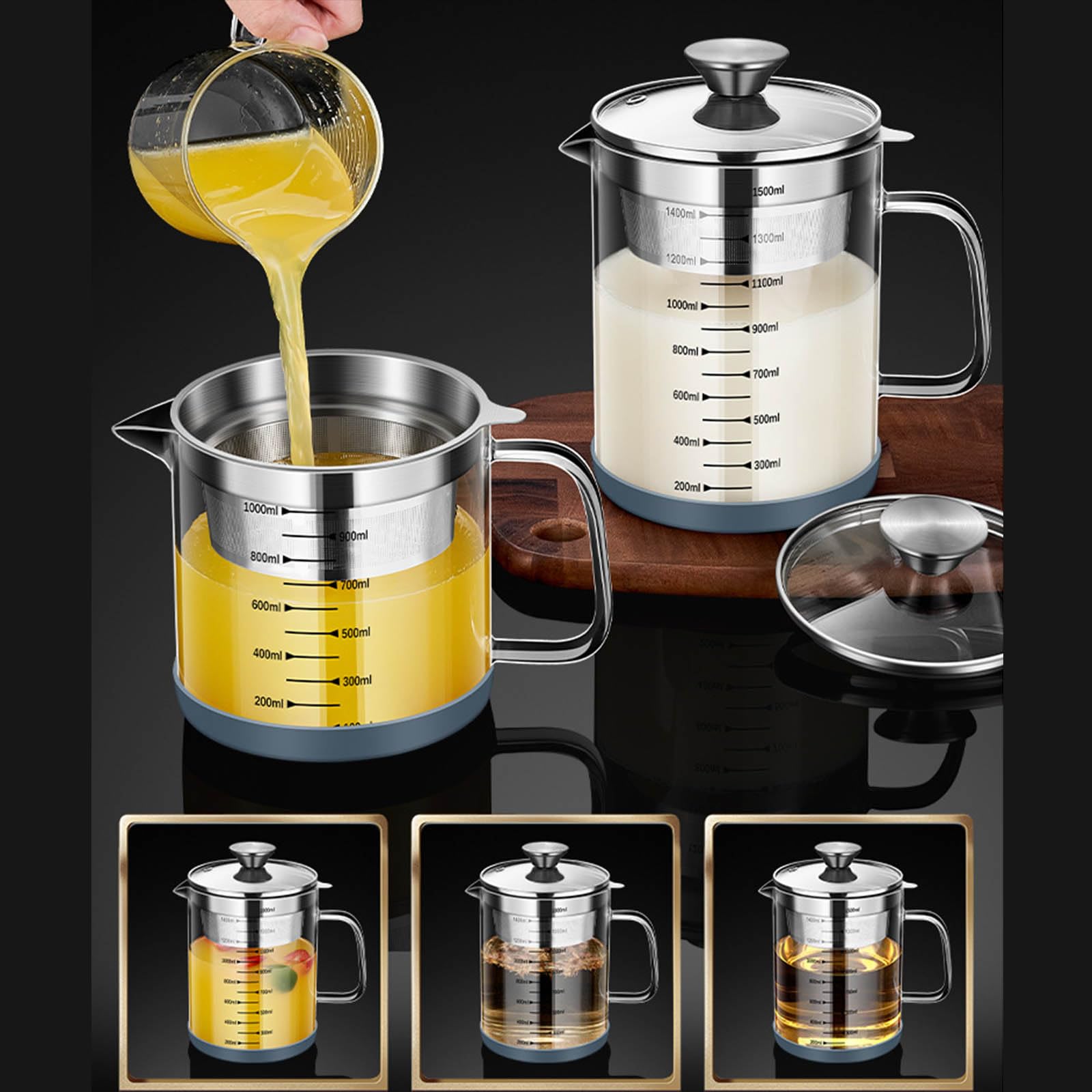 Vasi per Filtri per tè E Succhi capacità da 1 Litro Separatori Olio da Cucina con Parte Anteriore Liscia E Comoda Maniglia Vaso Resistente alla Corrosione