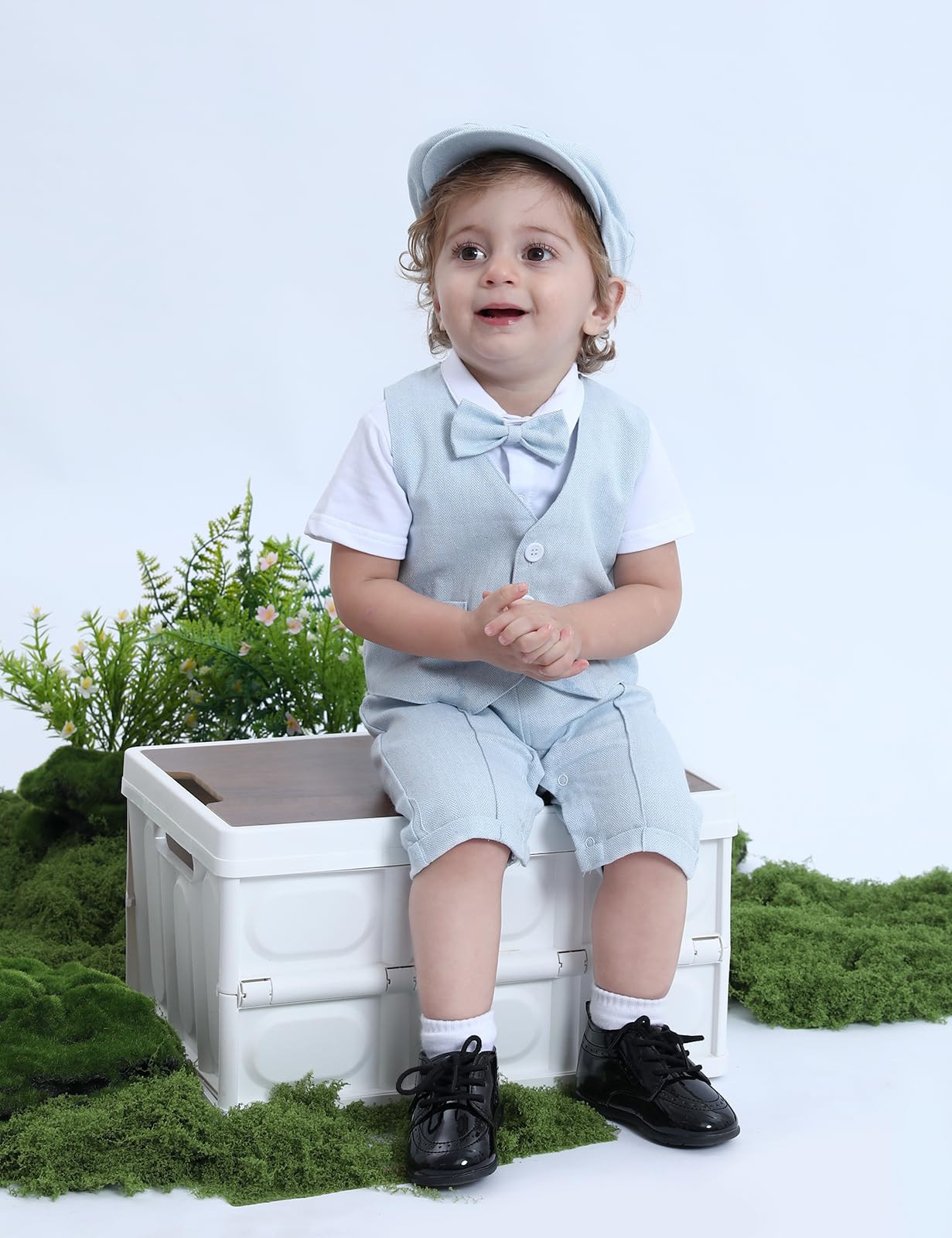 A&J DESIGN Baby Suits for Boys Wedding Gentleman Suspenders Outfits Summer Formal Easter Rompers with Hat Light Blue 6-9 Months