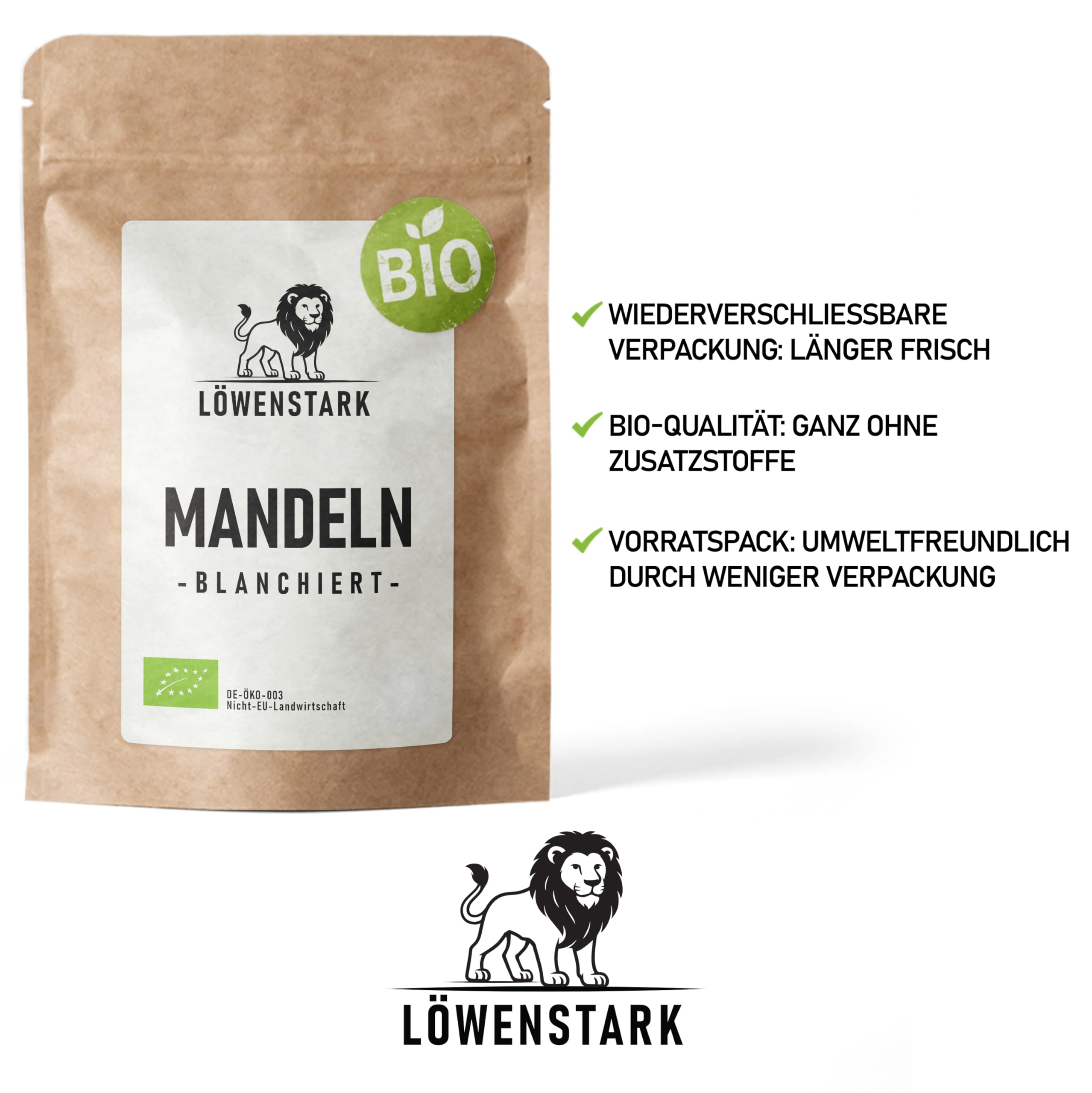 Löwenstark I BIO Mandeln blanchiert 1 kg | knackige europäische Bio Mandeln mit feinem Aroma I naturbelassene ganze Mandeln I vgane Mandeln geschält, ideal zum Knabbern, Backen & Kochen