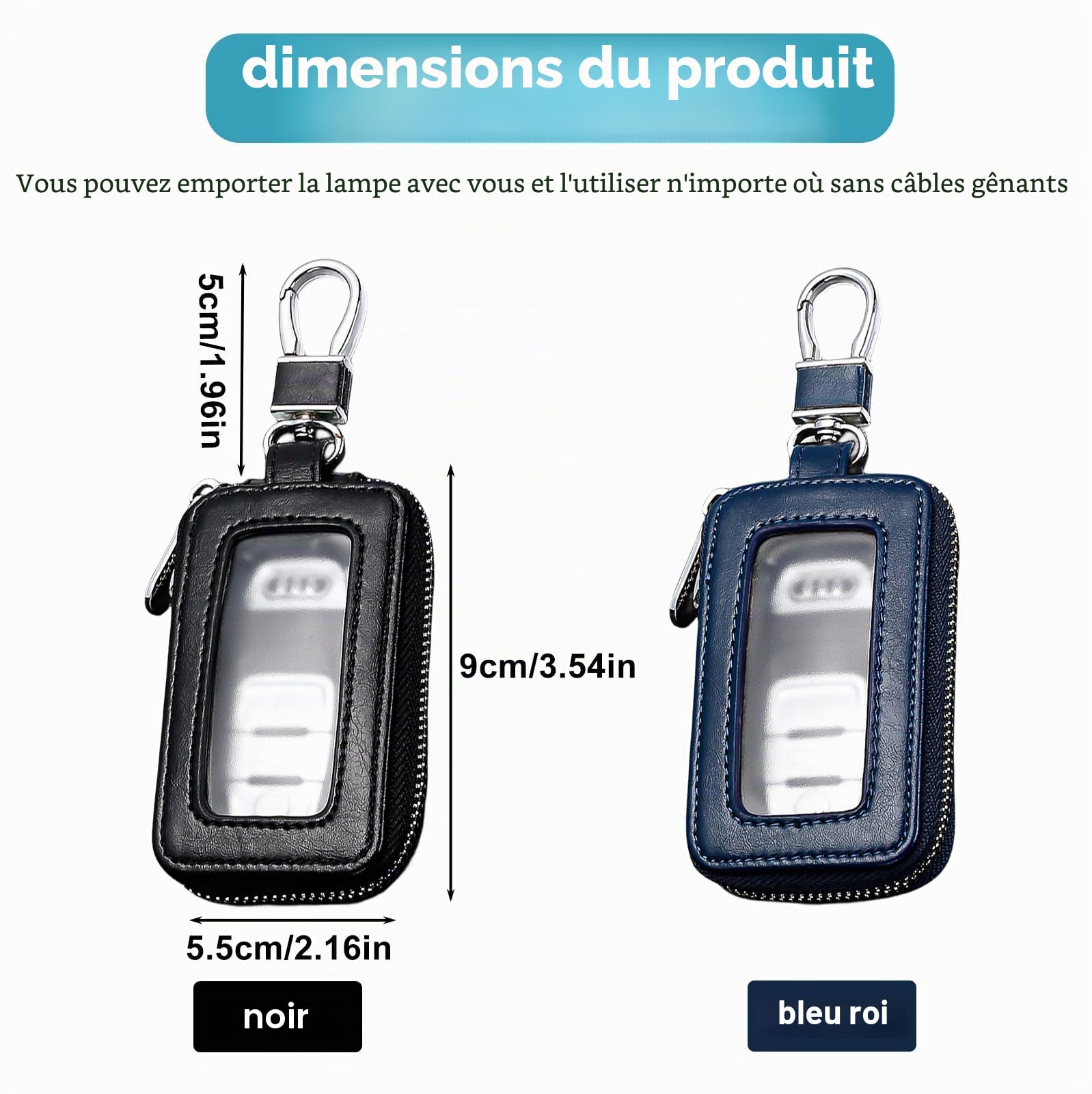 Lot de 2 étuis à clés de voiture : étui à clés vintage en cuir avec fermeture éclair et mousqueton, housse de protection pour porte-clés, étui universel portable (noir, bleu roi)