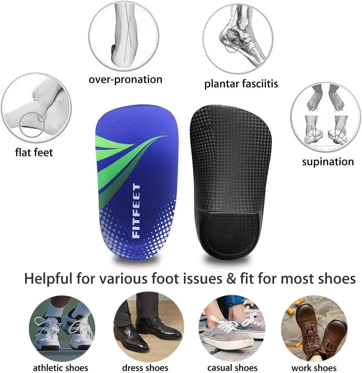 3/4 Arch Support Insoles for Men and Women, Plantar Fasciitis Insoles, Orthotic Inserts for Flat Feet Over-Pronation, Rigid High Arch Support Shoe Insoles for Heel Spurs Foot Pain Relief, M