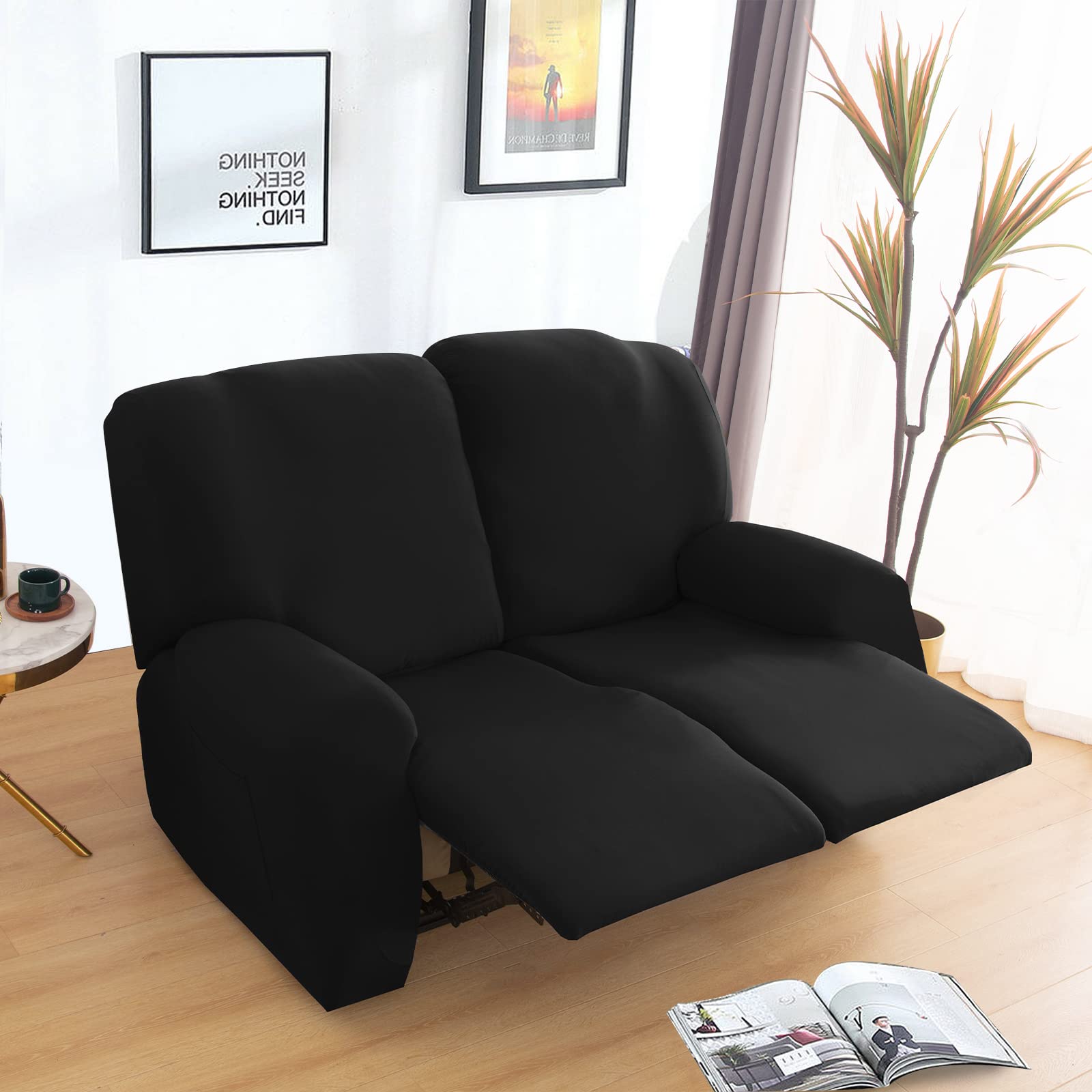 Jaotto Copridivano Relax 2 Posti Reclinabile, Fodere Copripoltrona 1 Posto Relax Universale con Tasche, 6-Pezzi Copridivano Fantasia Lavabile, Coperture per Divano da Massaggio,Nero