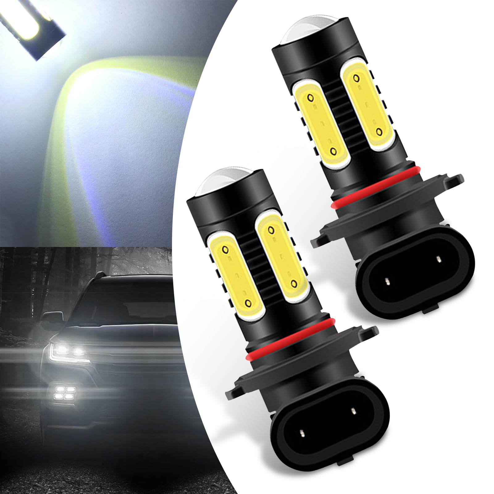 2 PCS 9005 Car LED Front Fog, 12-24V 7.5W High-brightness 5 COB Lamp Bead 6000K LED Waterproof Heat Dissipation Bulb, 360 Degree Lighting Replacement, Suitable for Most Car Models (White)