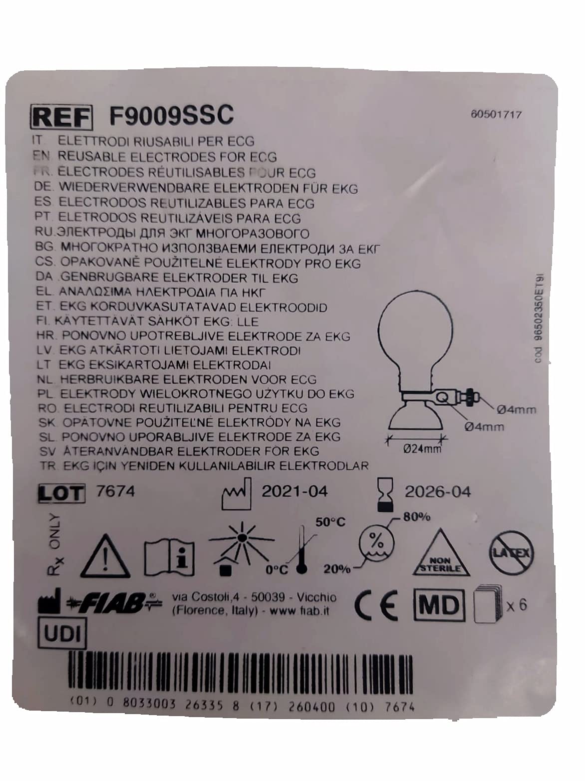 Fiab F9009SSC Électrode précordiale à ventouse pour ECG, diamètre 24 mm, adulte, lot de 6 pièces