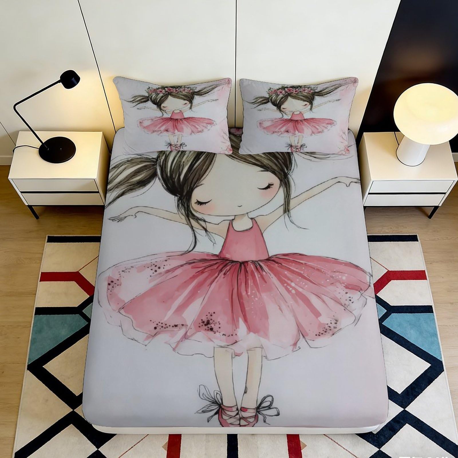 3D Printed Ballerina Girl Fitted Sheet Microfiber Pink Cartoon Bed Cover for Bedroom Guest Room Mattress Decor 90x200x25cm