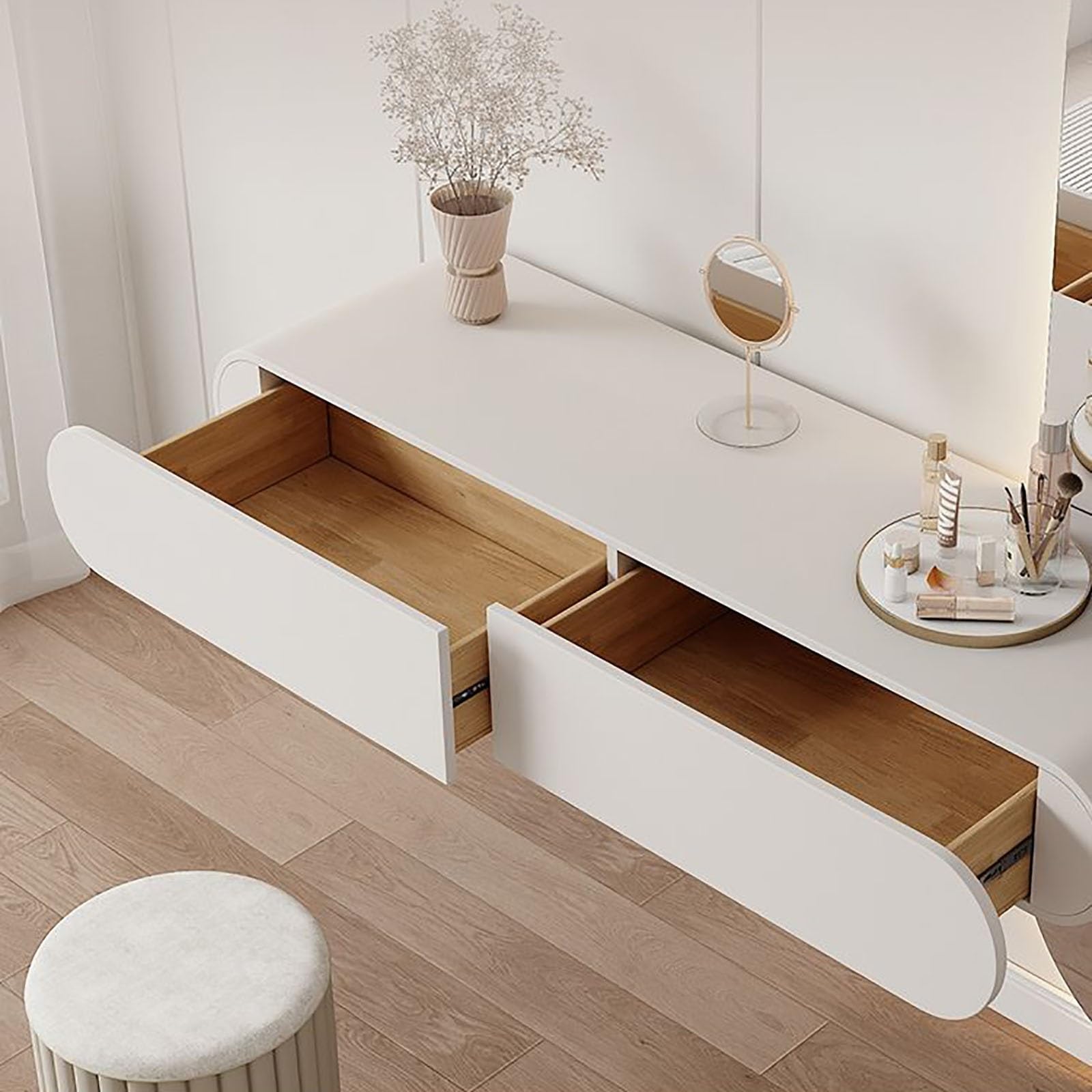 Tavolo da trucco illuminato a LED con specchio a corpo totale, tavolo da toeletta da parete per camera da letto e bagno, 2 cassetti, design elegante, 95 cm, per gli amanti del trucco