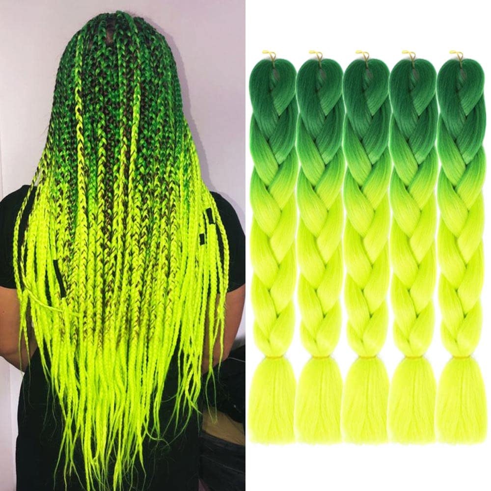 AIDUSA Ombre Braiding Hair 5pcs Synthetic Afro Braid Hair Extensions 24 Inch Color Hair for Women Braids Twist Crochet Braids 100g(#B43 Green to Neon Green)
