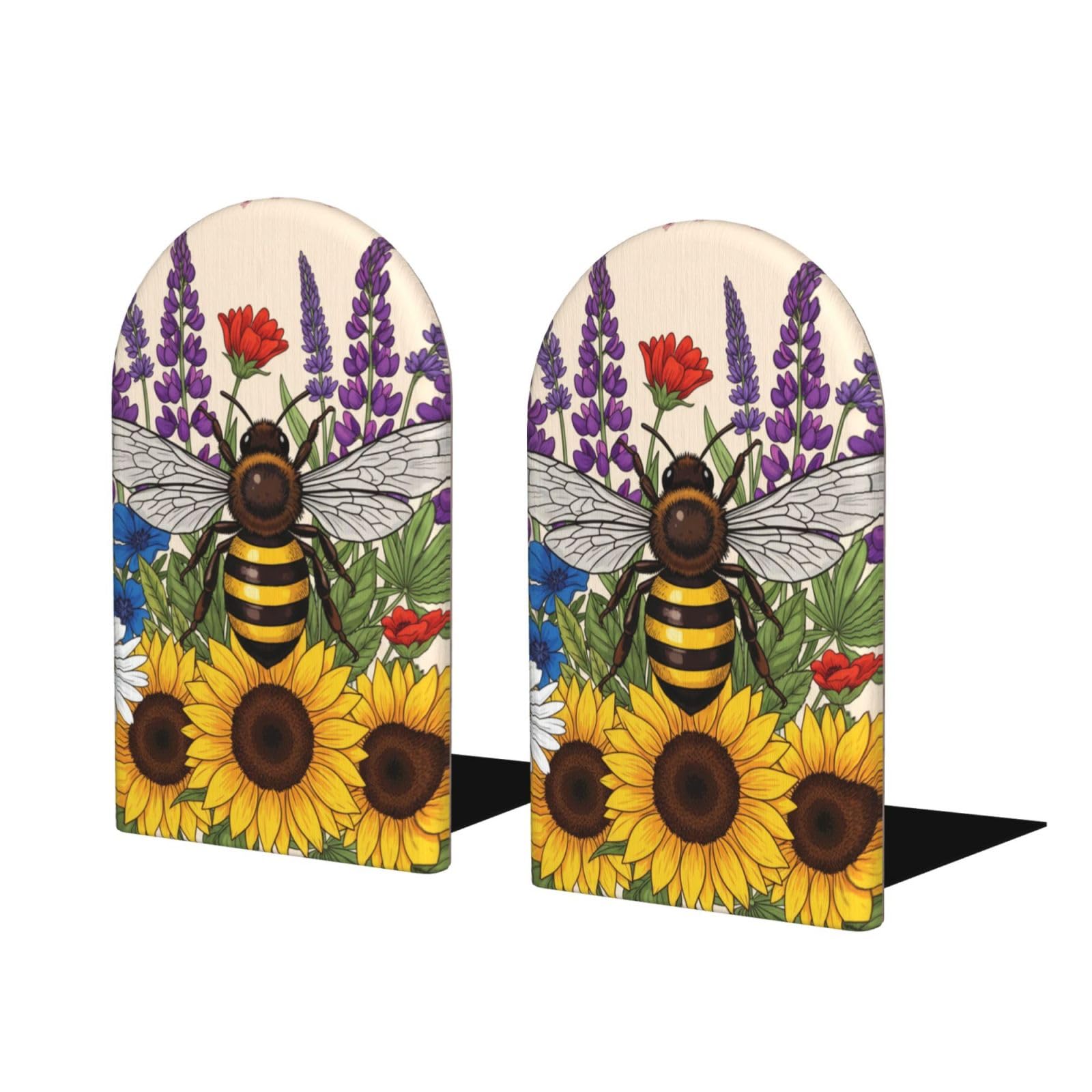 Wood Bookends for Shelves, Bees Sunflowers Decorative Non-Slip Book Ends for Home Office Decor, Aesthetic Book Holder/Stands/Stopper, Desk Organizers, Book Dividers