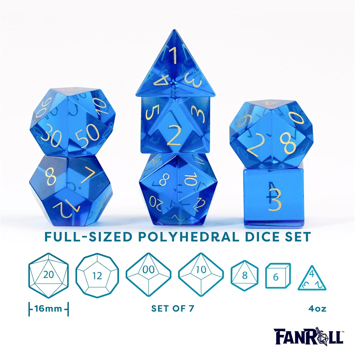 FanRoll 16mm Birthstone Stone Poly DND Dice Set: Engraved September Sapphire, Role Playing Game Dice for Dungeons and Dragons