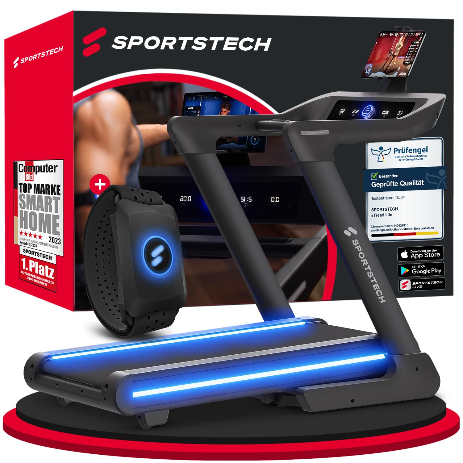Sportstech sTread Lite Laufband für Zuhause klappbar bis 150 kg & 20 km/h – Treadmill mit 16% Steigung, 7 PS Motor, extra große Lauffläche, LED-Display, App-kompatibel, sPulse Pulsgurt inkl.