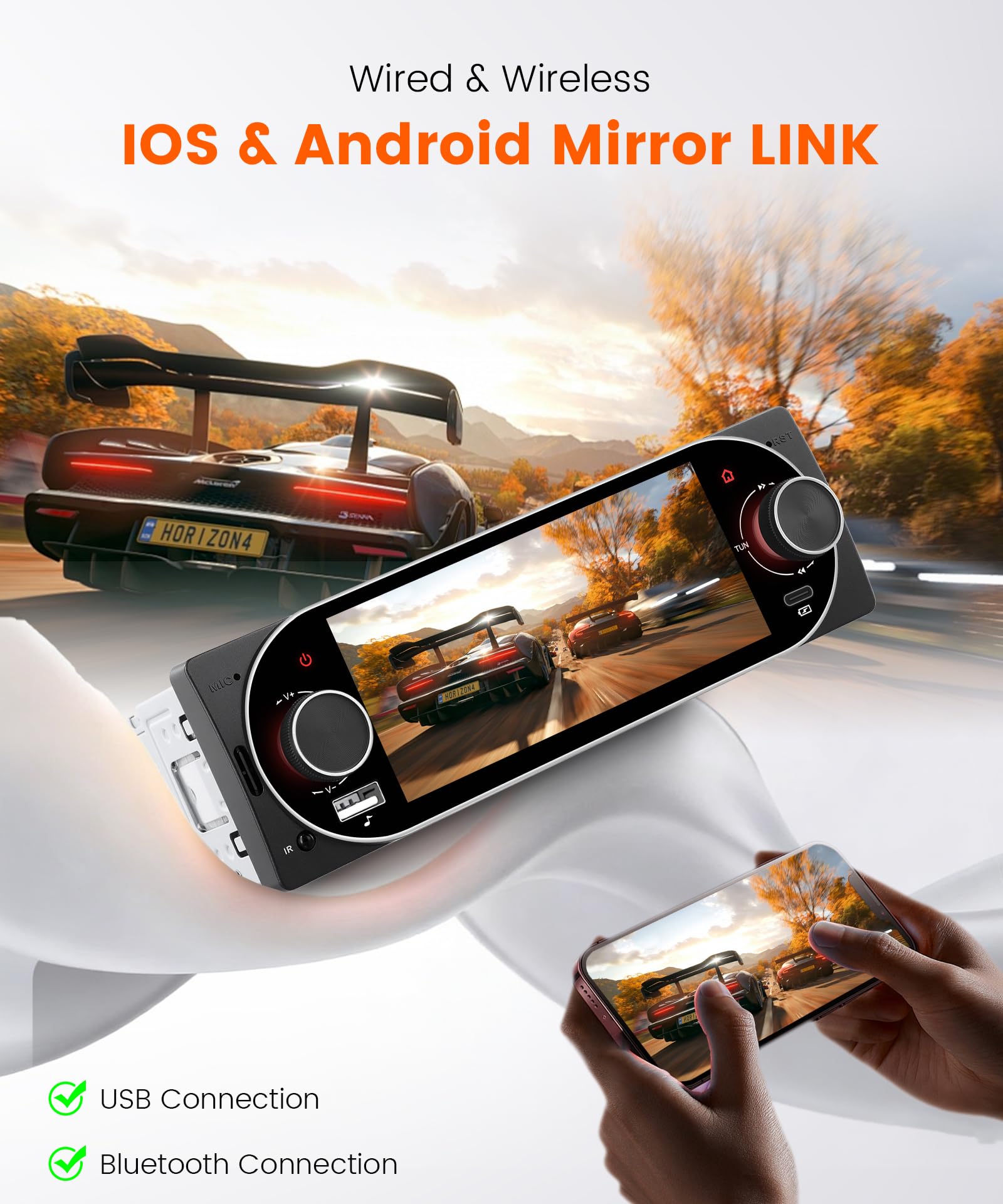 Rimoody Autoradio 1 DIN con Carplay e Android Auto Wireless - Schermo 5,1 Pollici, Bluetooth 5.2, Mirror Link, Comandi al Volante, Telecamera Posteriore per Auto