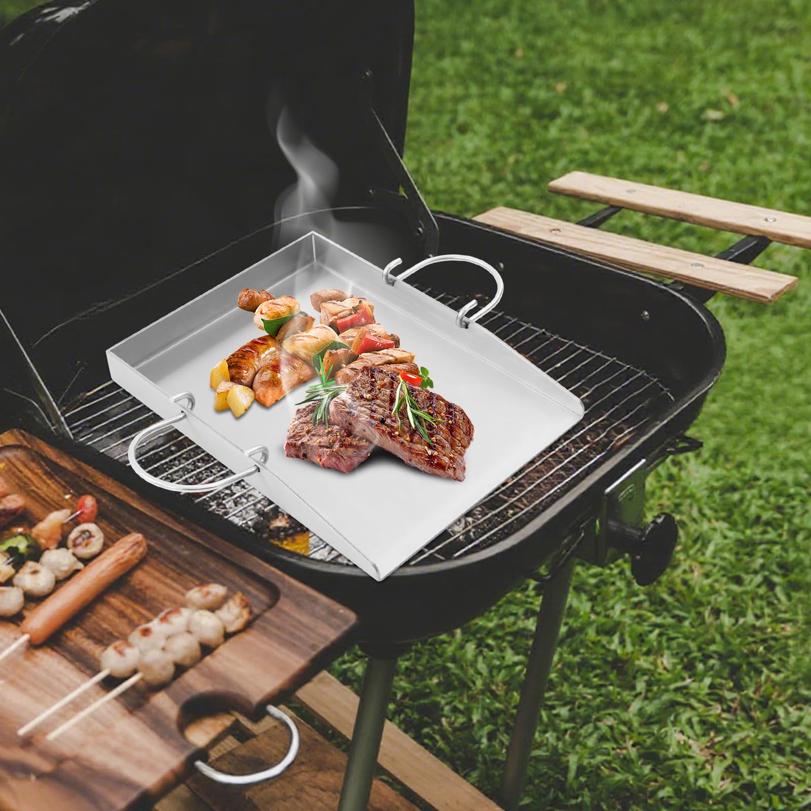Piastra per barbecue in acciaio inox, piastra per barbecue con manici rimovibili, 40 x 30 cm Plancha, con spatola per barbecue e raschietto, universale Plancha per barbecue a carbonella e barbecue a
