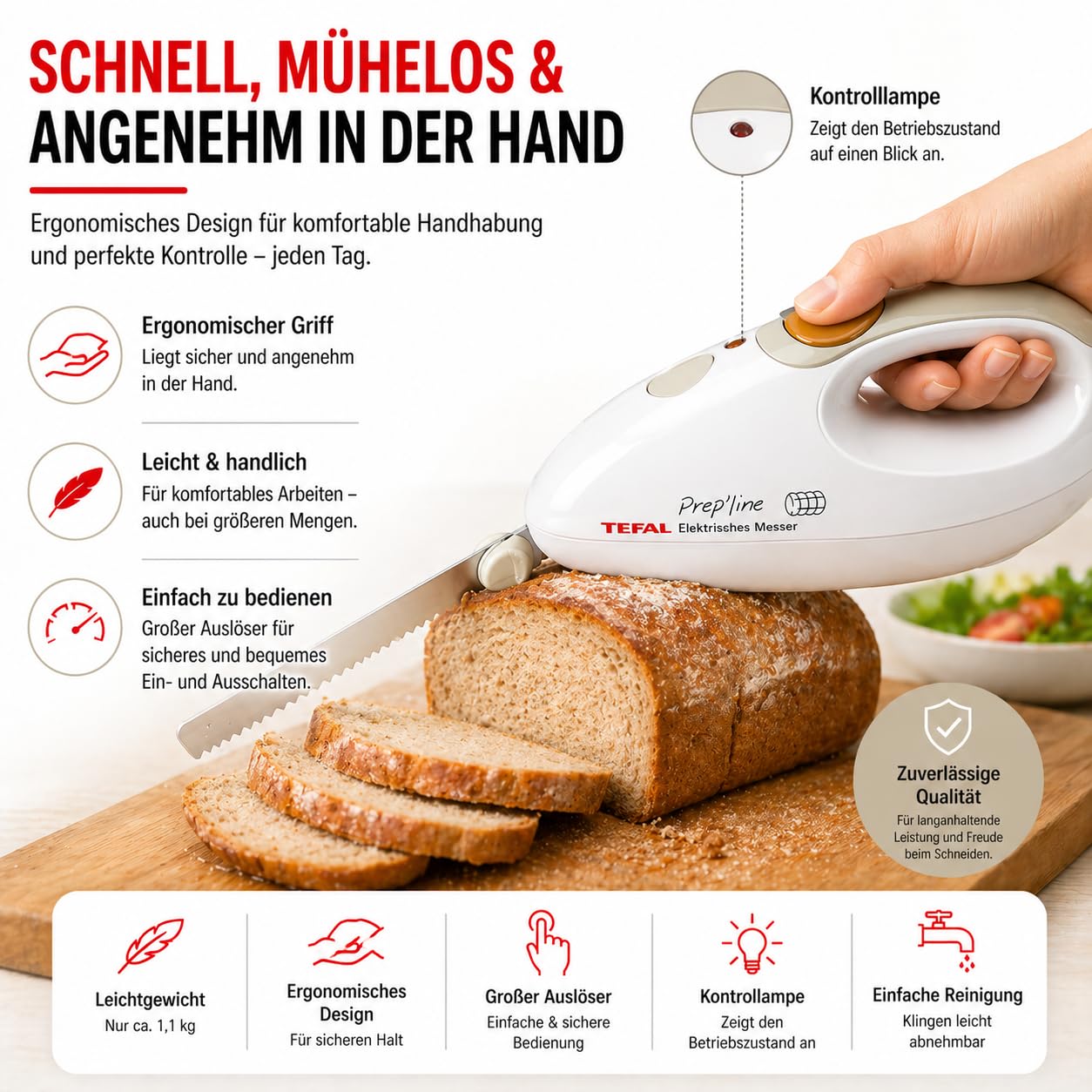 Tefal Elektrisches Messer 100 Watt Edelstahlklinge für Tiefkühl-Gut weiß/greige