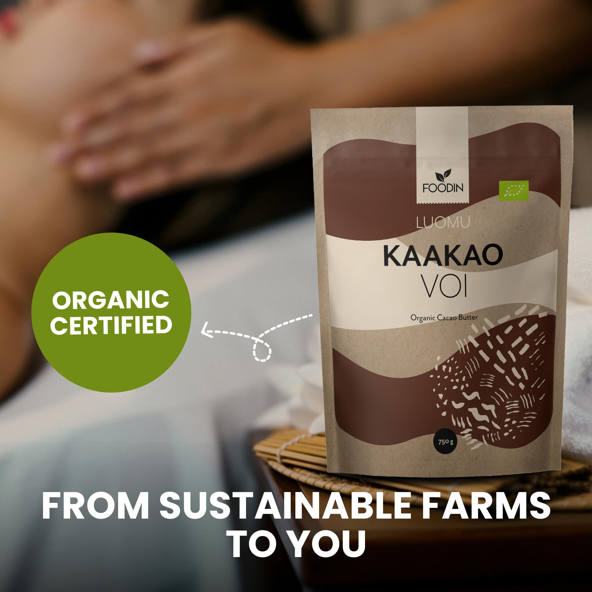 FOODIN Manteca de cacao ecológica — Kakaobutter pura para cuidado de la piel – Ideal para repostería, postres y cocina – Aroma suave y nutritivo – 750 g